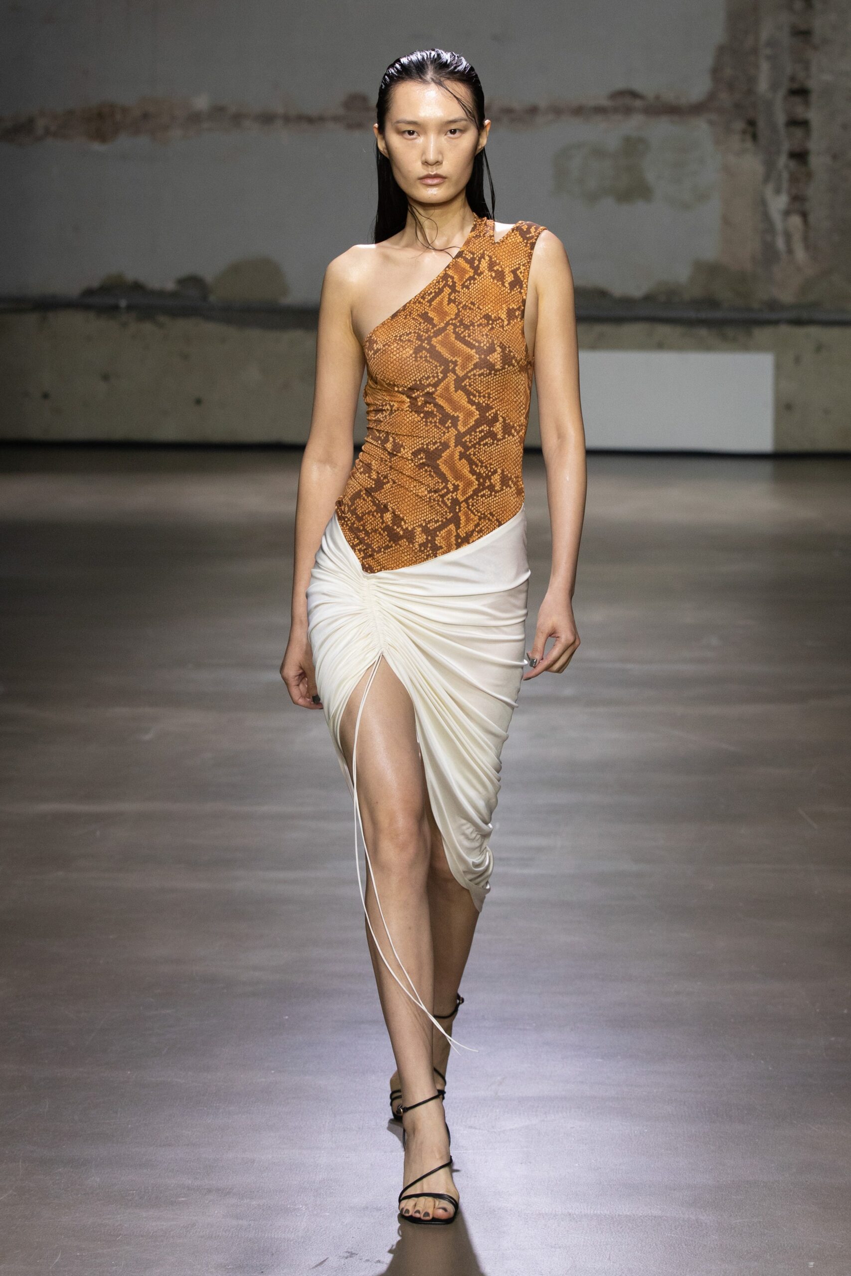 brown and white asymmetric dress