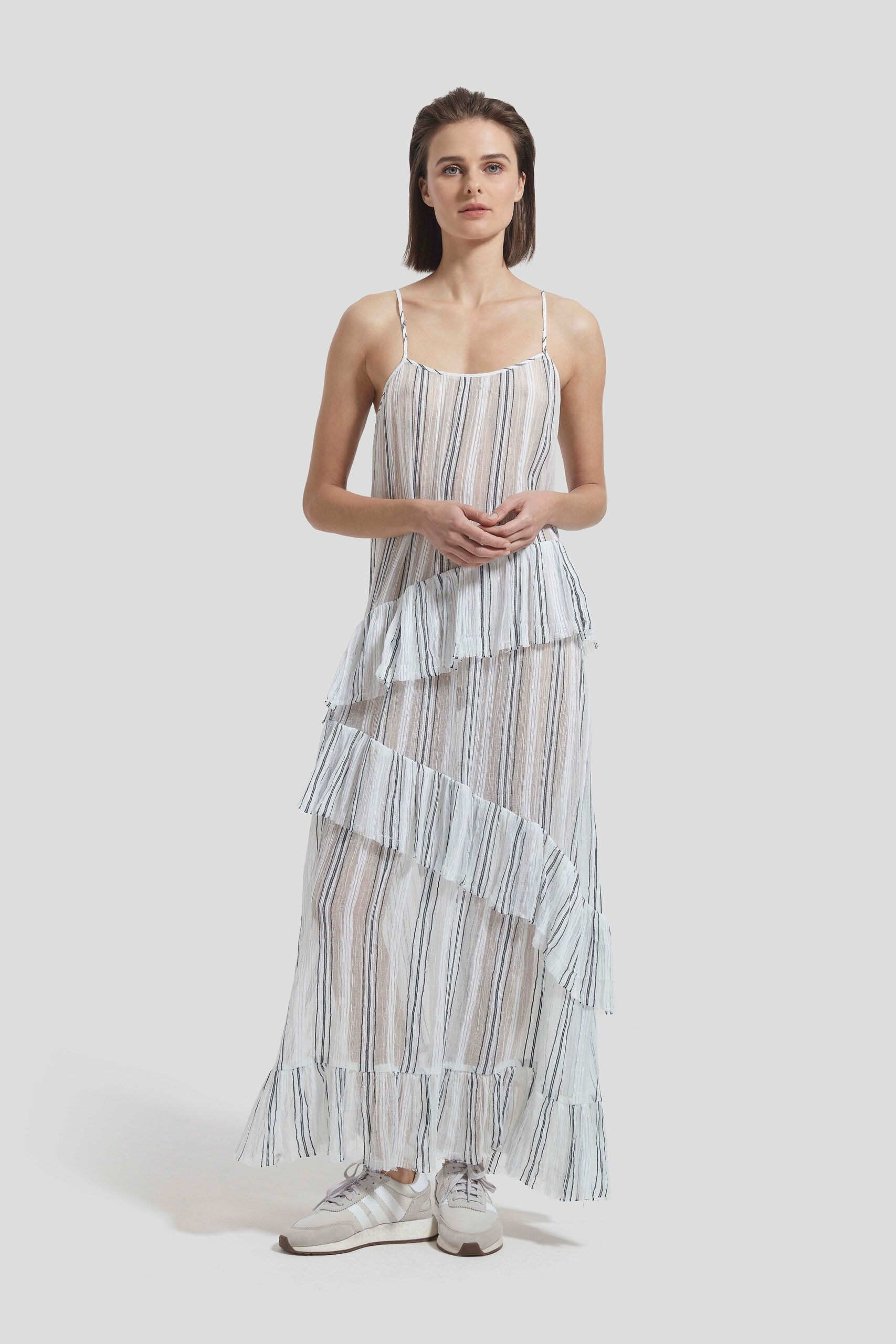 white striped maxi dress with sneakers