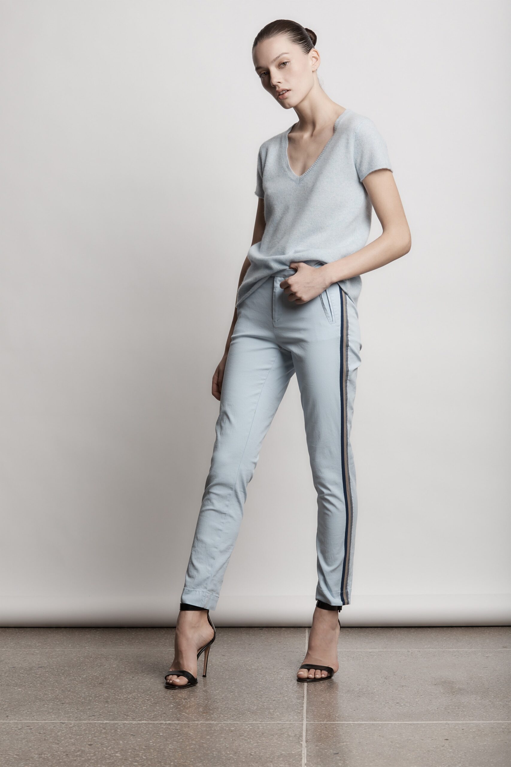 blue fitted top with light blue pants