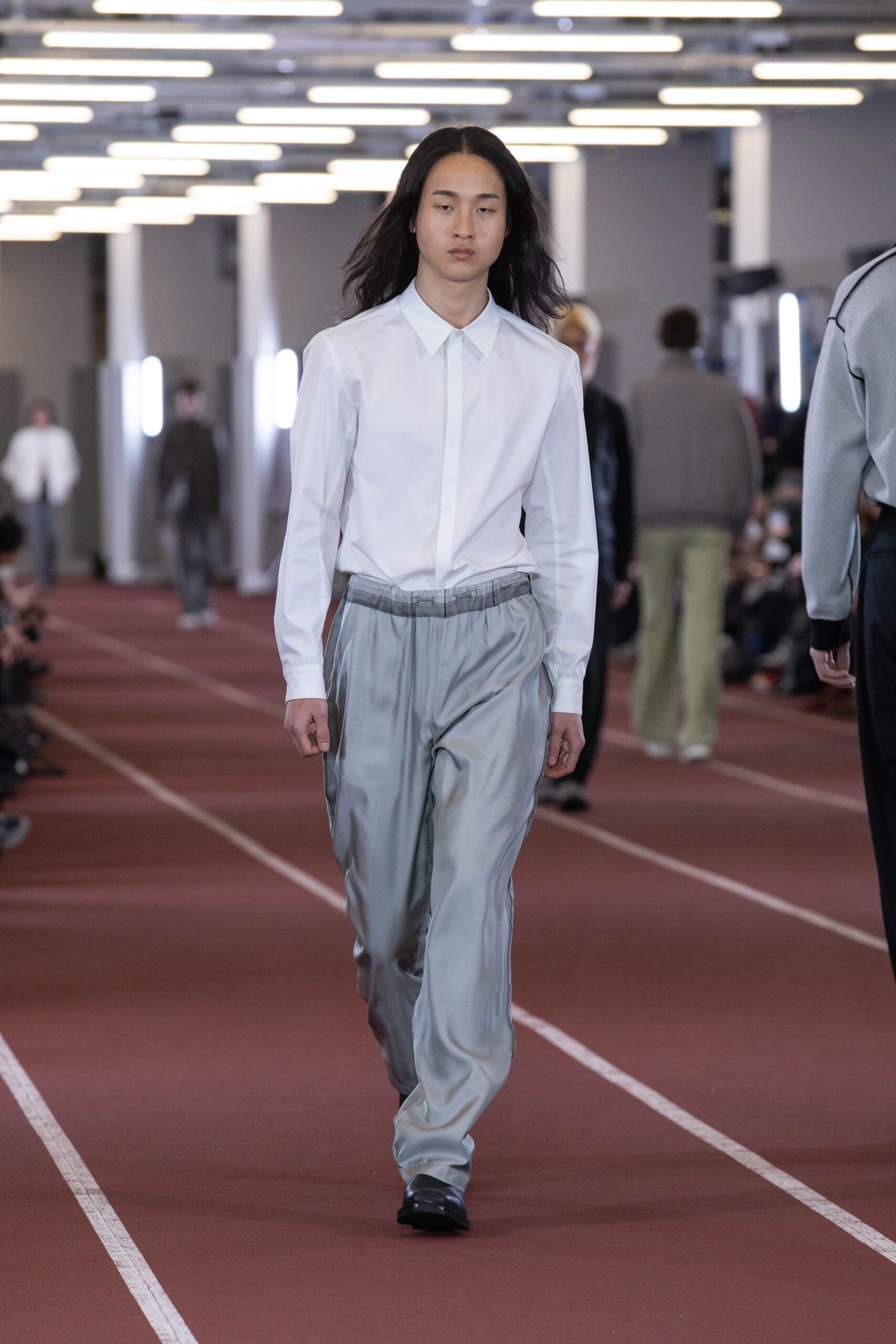white fitted shirt gray relaxed pants