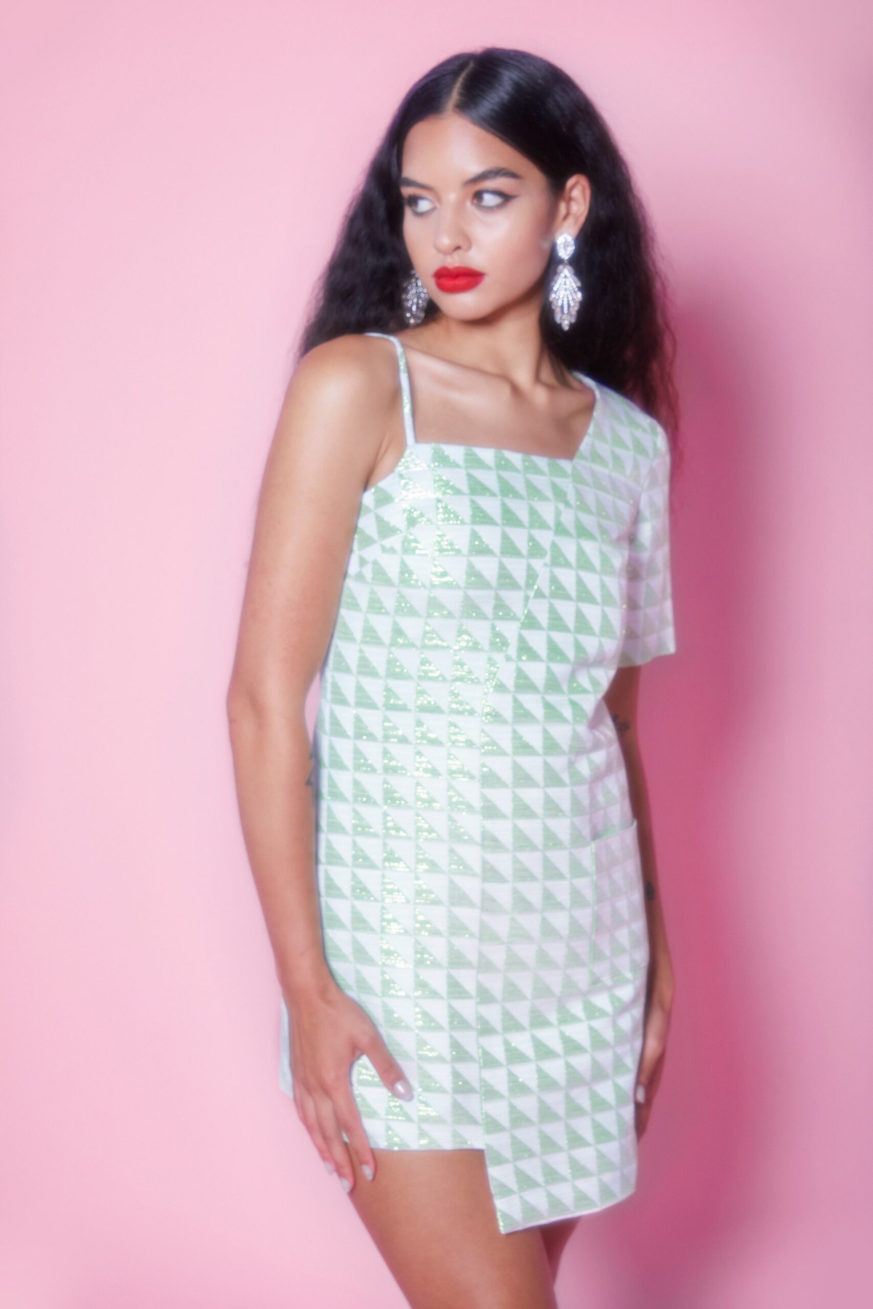 green and white printed mini-dress