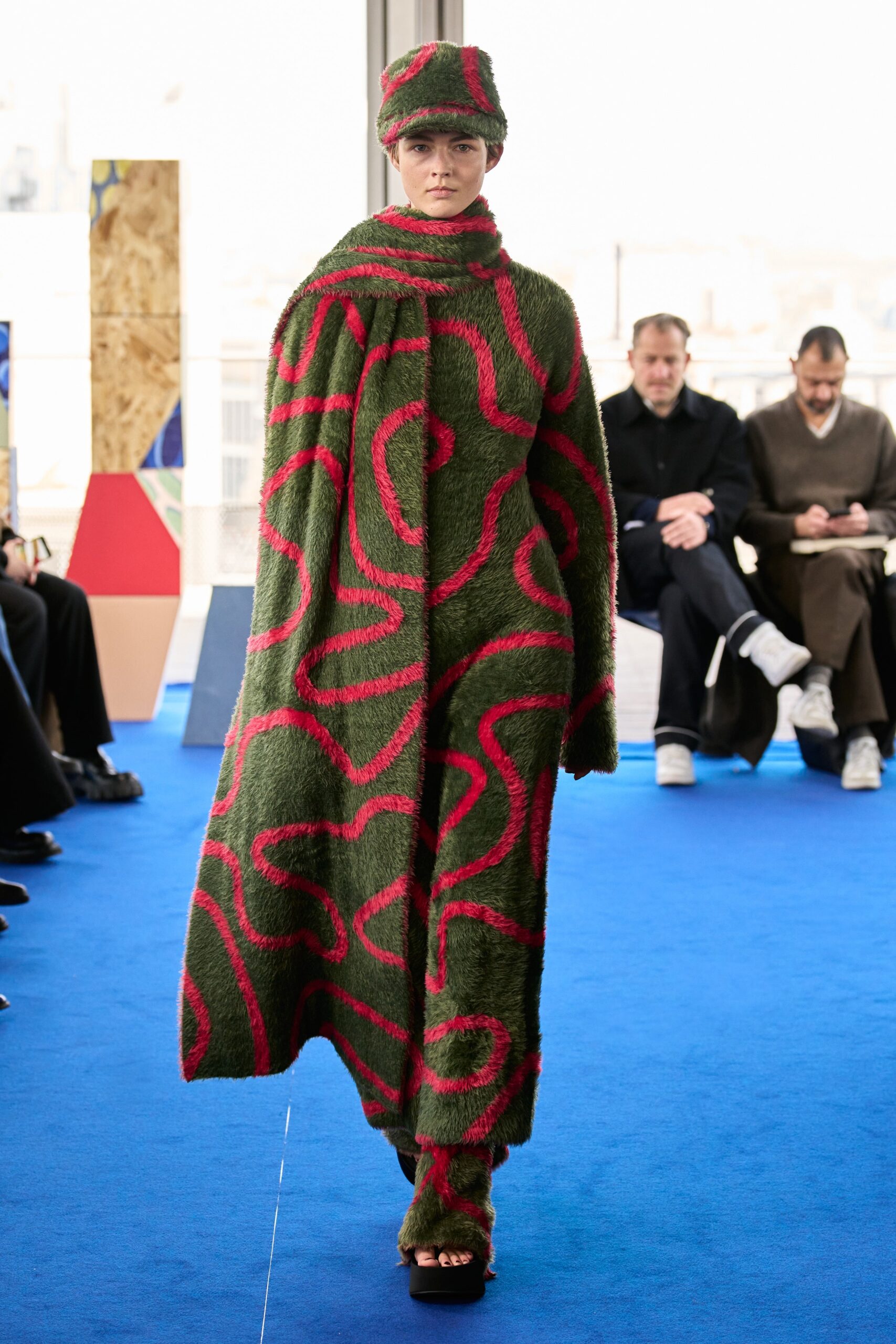green wool sleeveless oversized draped cape