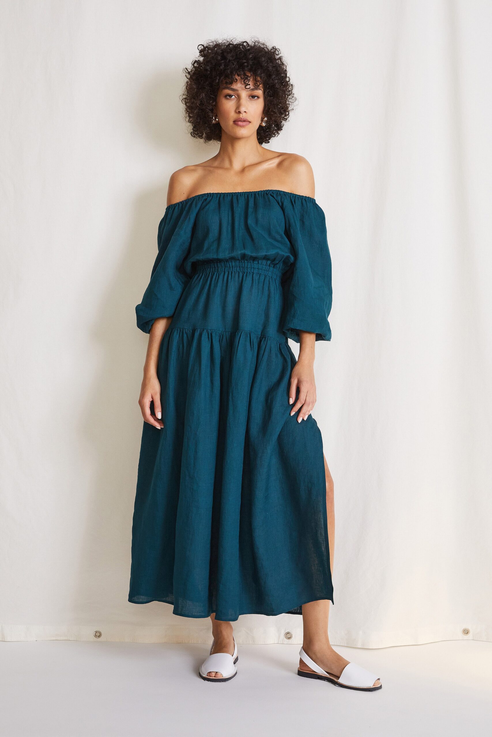 teal off-shoulder maxi dress