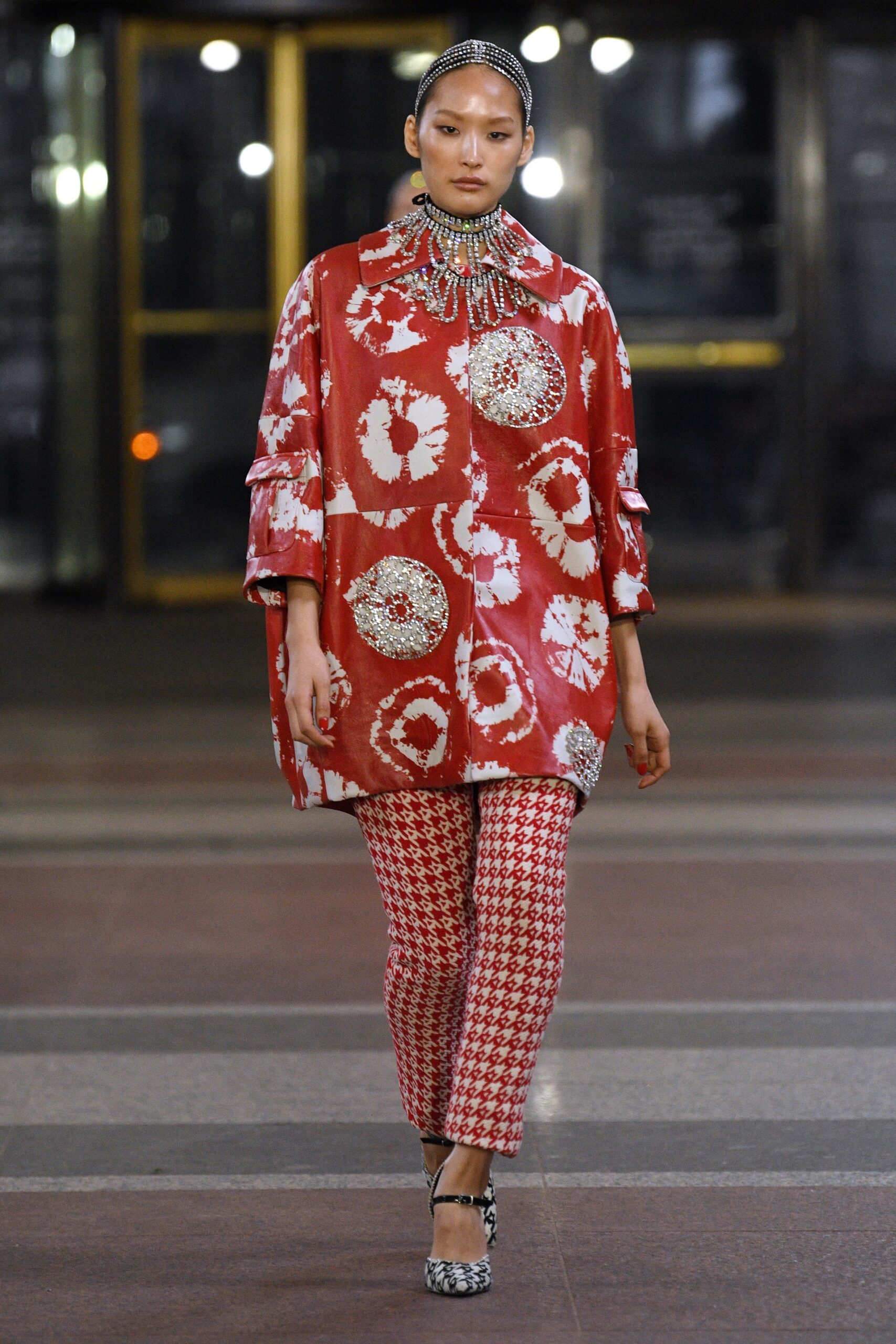 oversized red embroidered jacket with printed pants