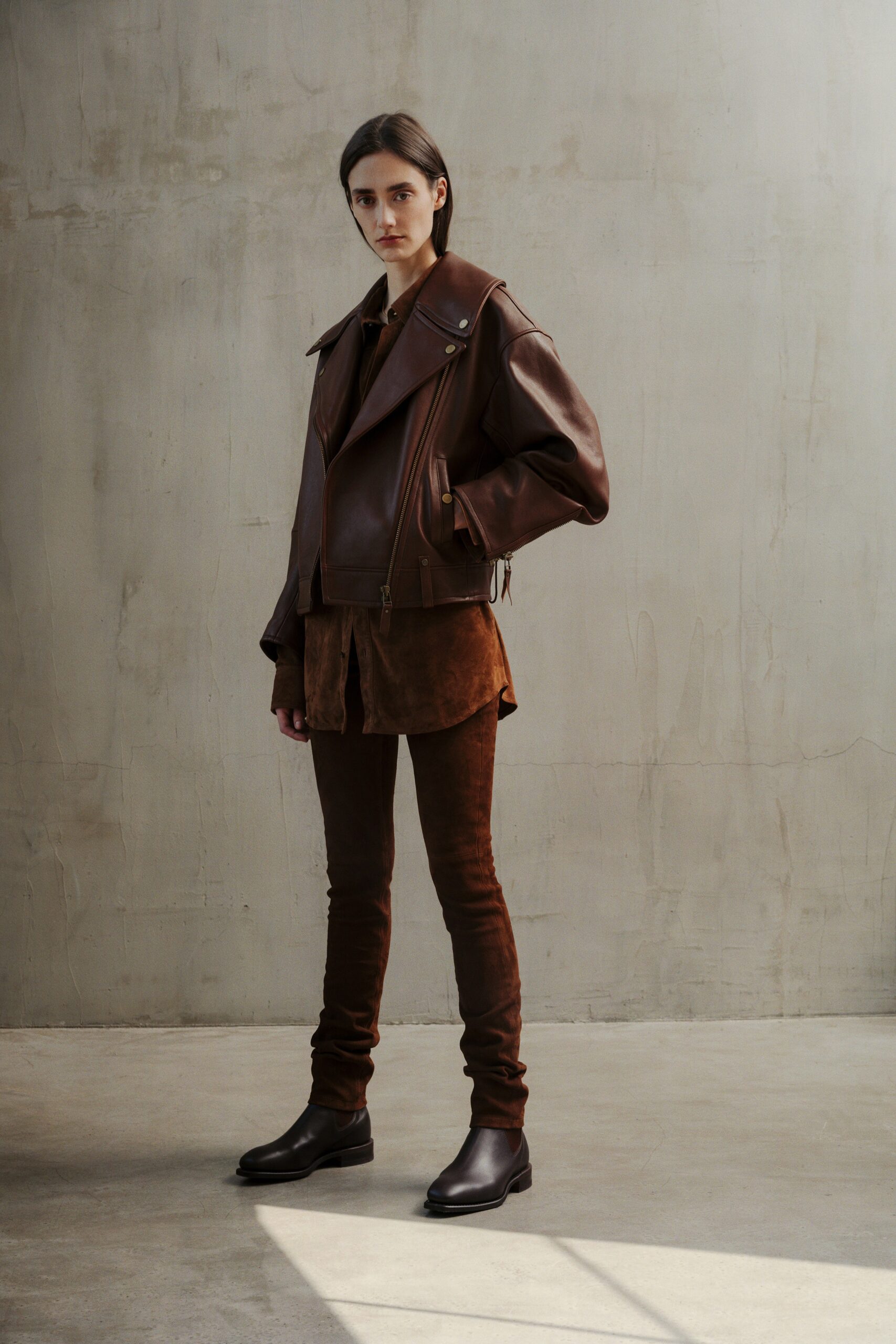 brown suede long-sleeve collared relaxed top
