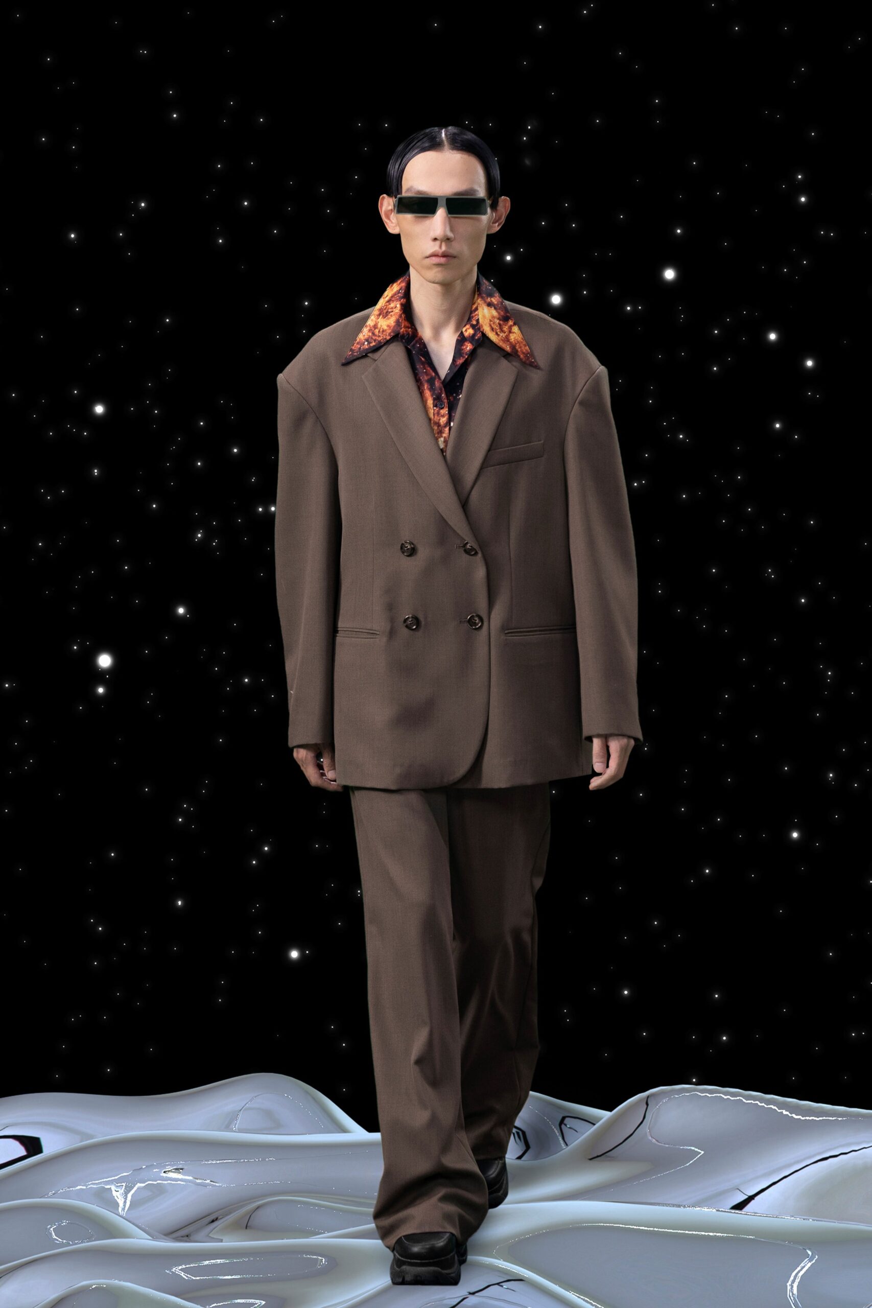 oversized brown blazer with printed shirt