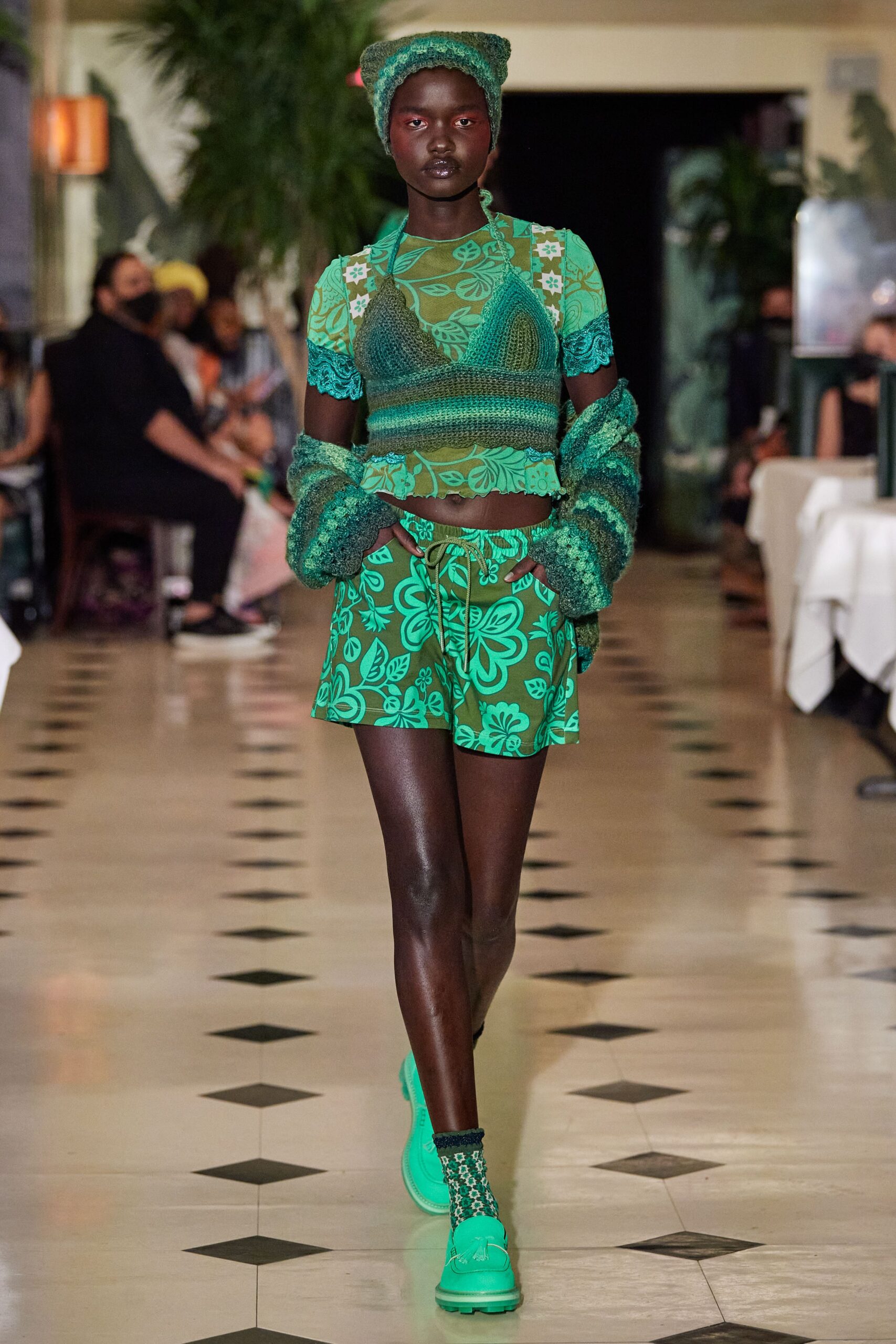 green mesh sleeveless high-neck fitted floral sheer top