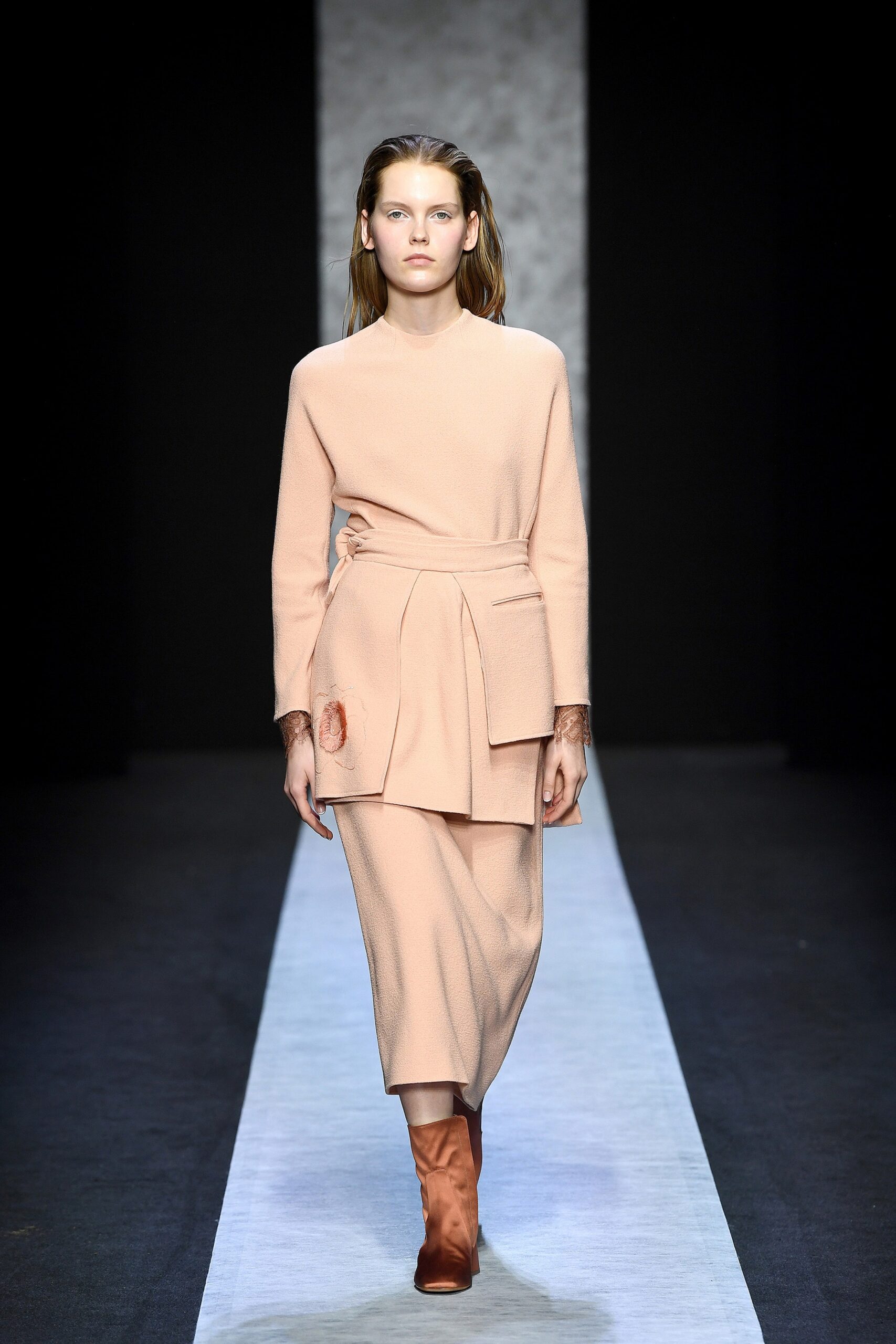 pink wool long-sleeve high-neck fitted layered midi dress