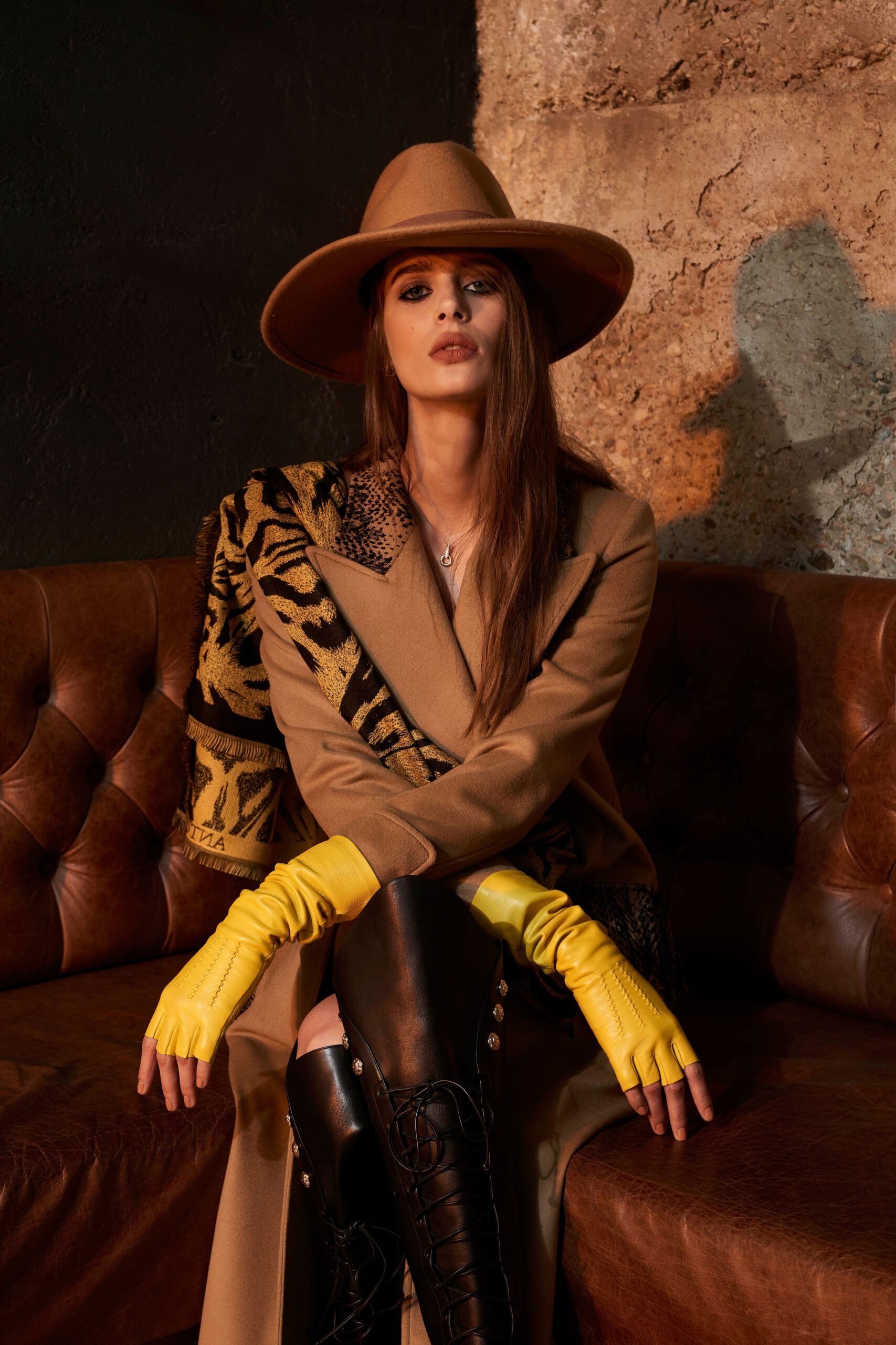 beige wool long-sleeve collared fitted belted layered coat