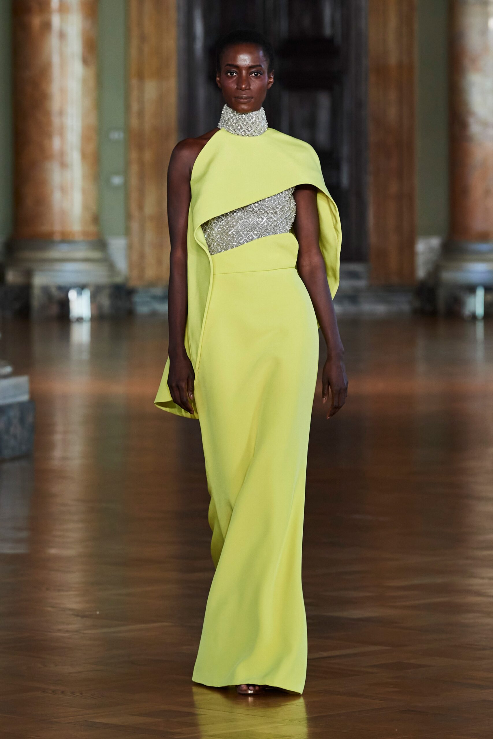 fitted yellow silk gown