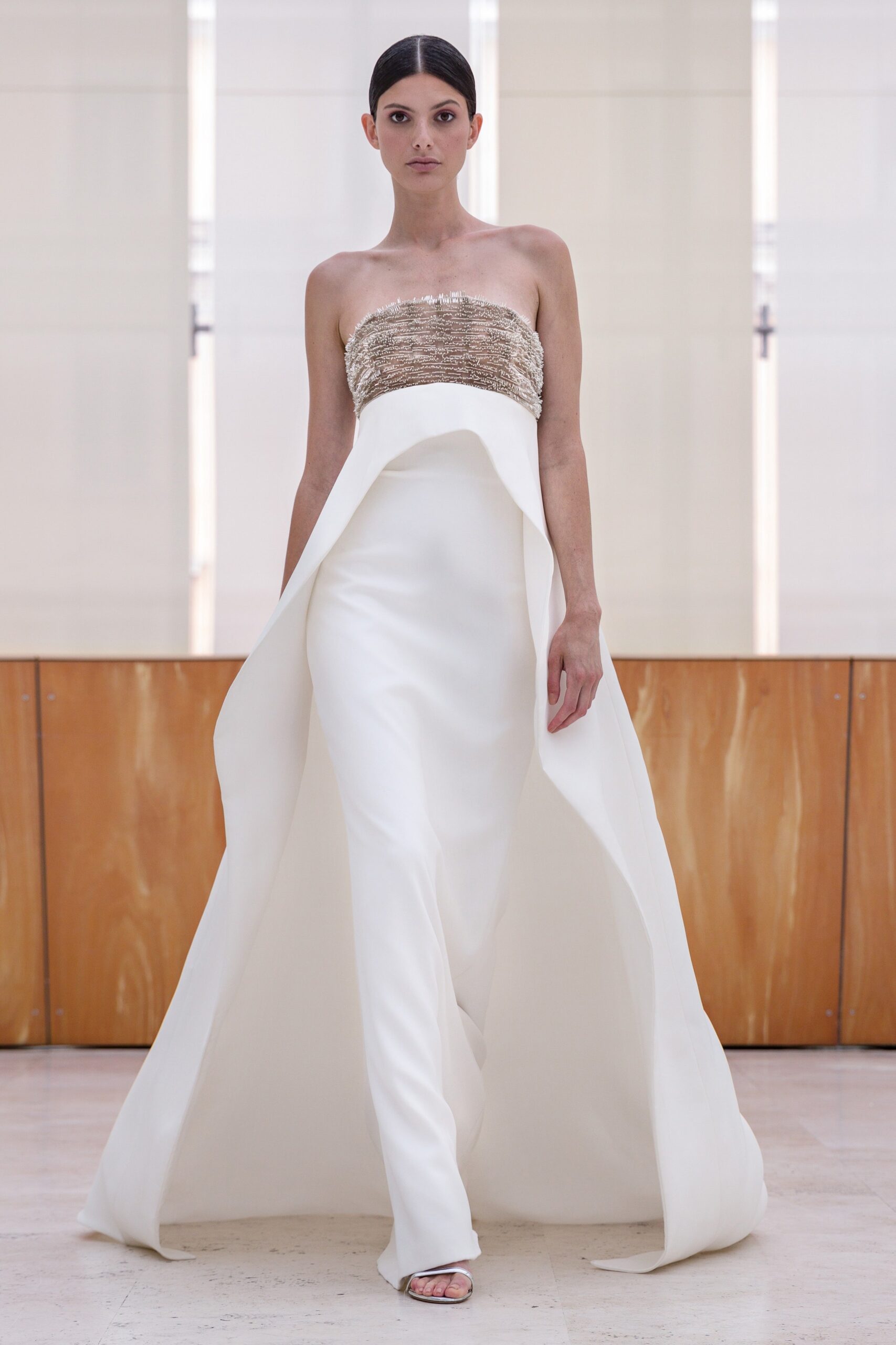 white silk strapless gown