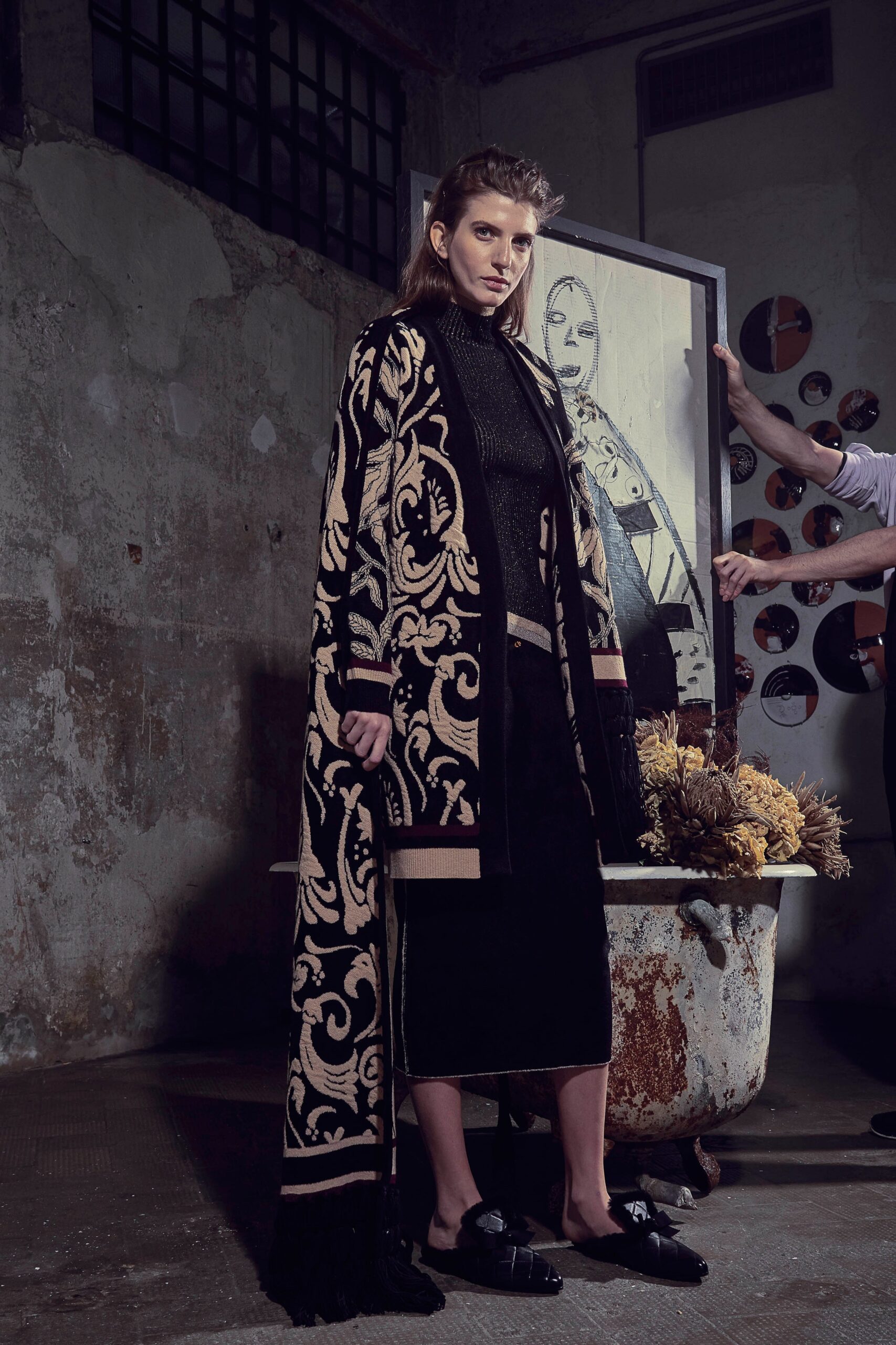 black wool fitted midi dress with embroidered coat
