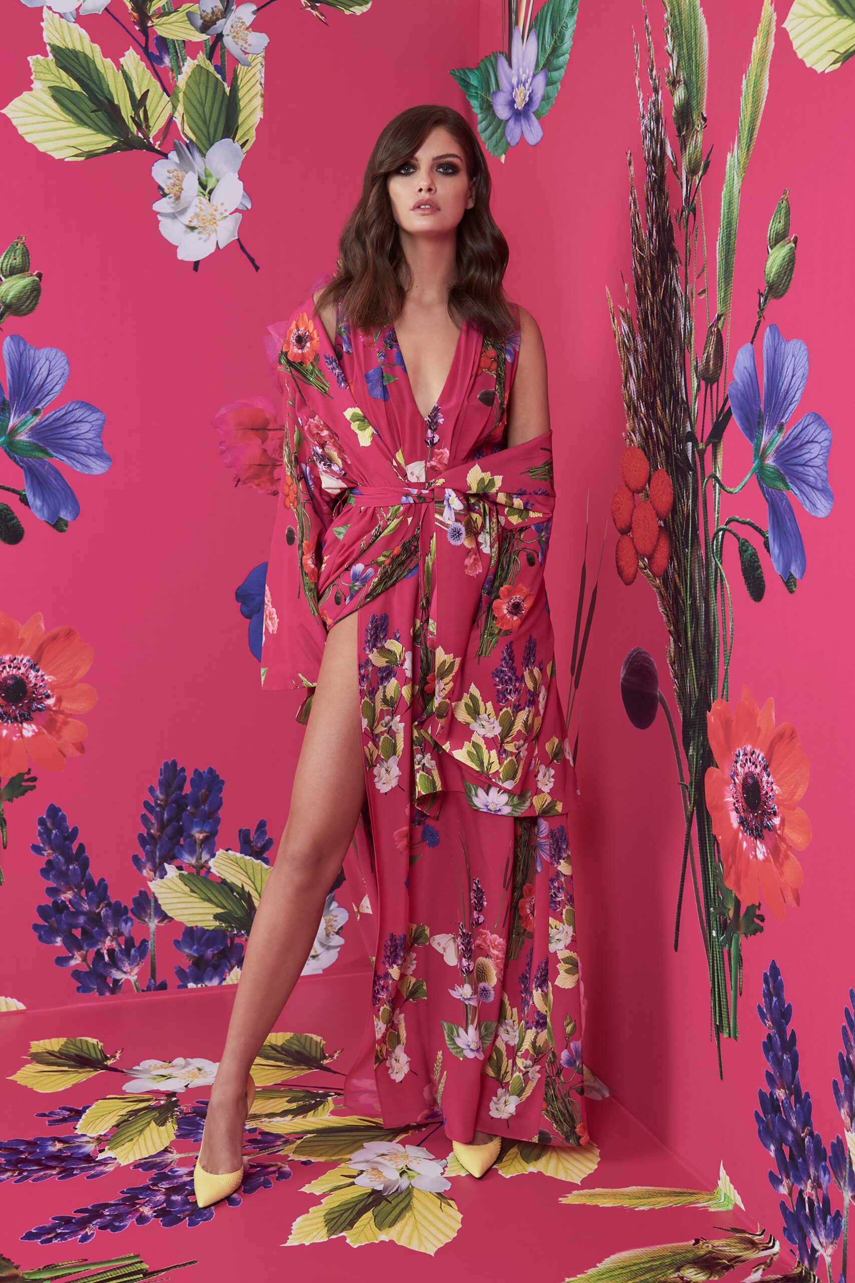 pink silk sleeveless v-neck fitted flared tiered dress