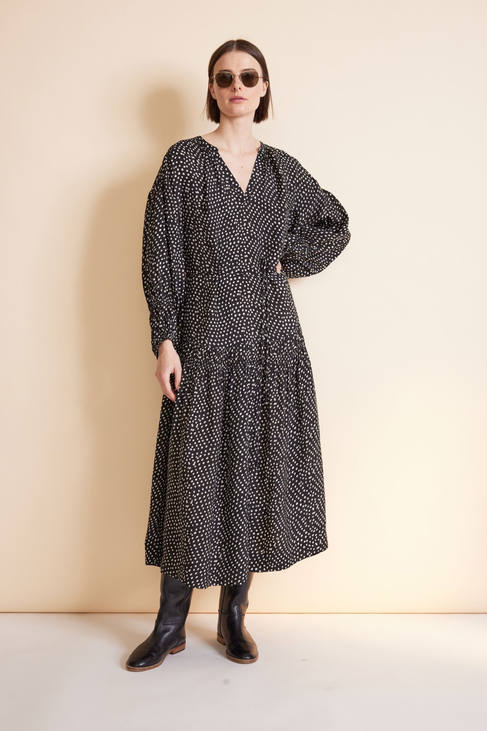 black and white polka-dot maxi dress