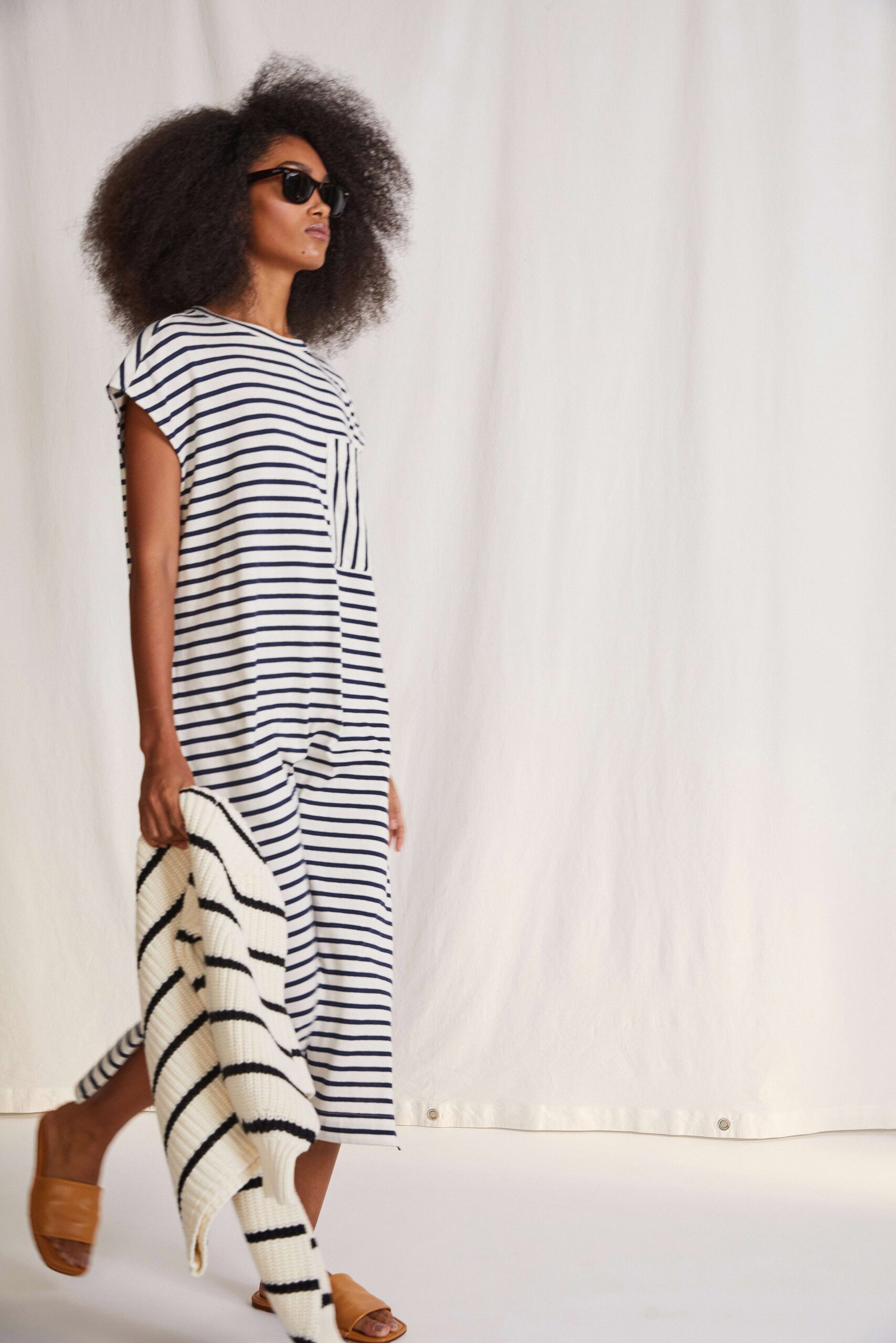 striped midi dress with cardigan