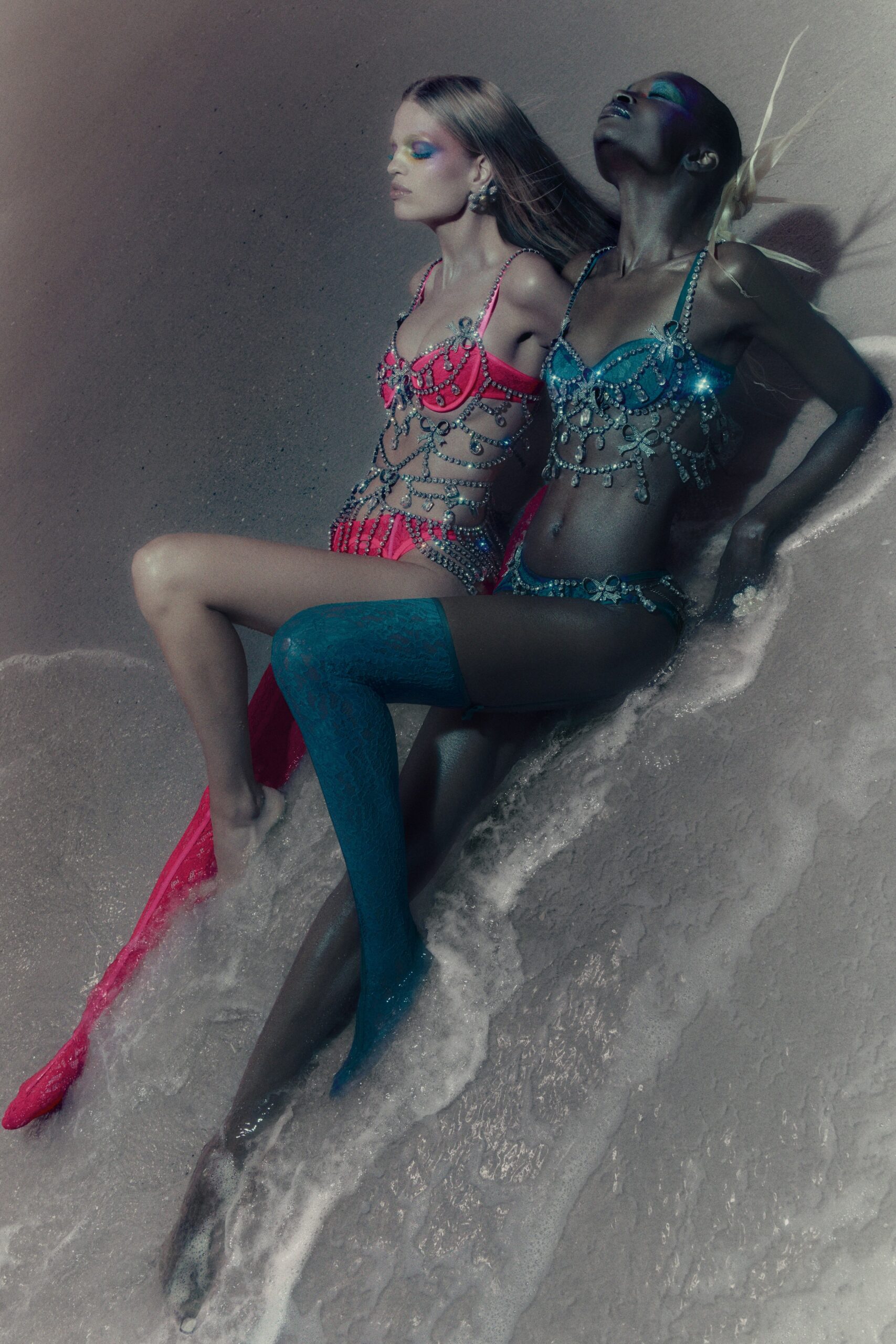 red and blue beaded bikinis