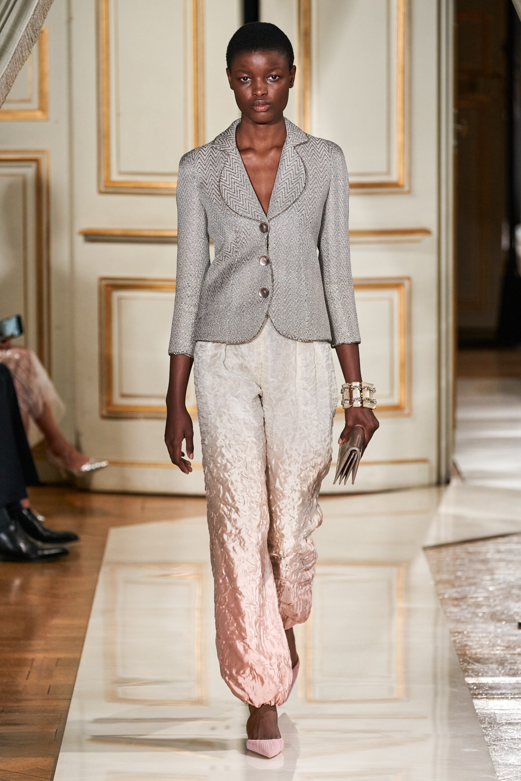 gray tweed tailored blazer and pink silk pants