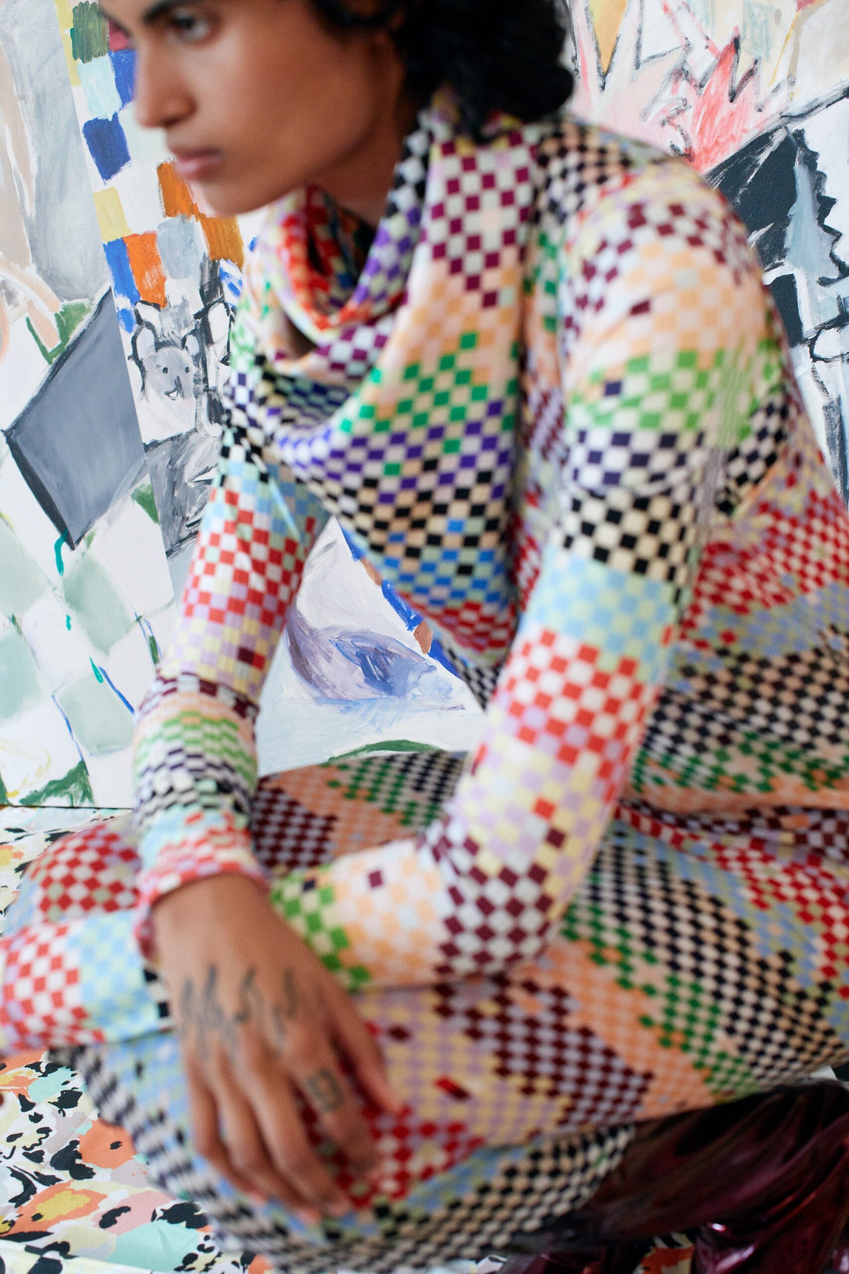 multi-colored checkered fitted dress