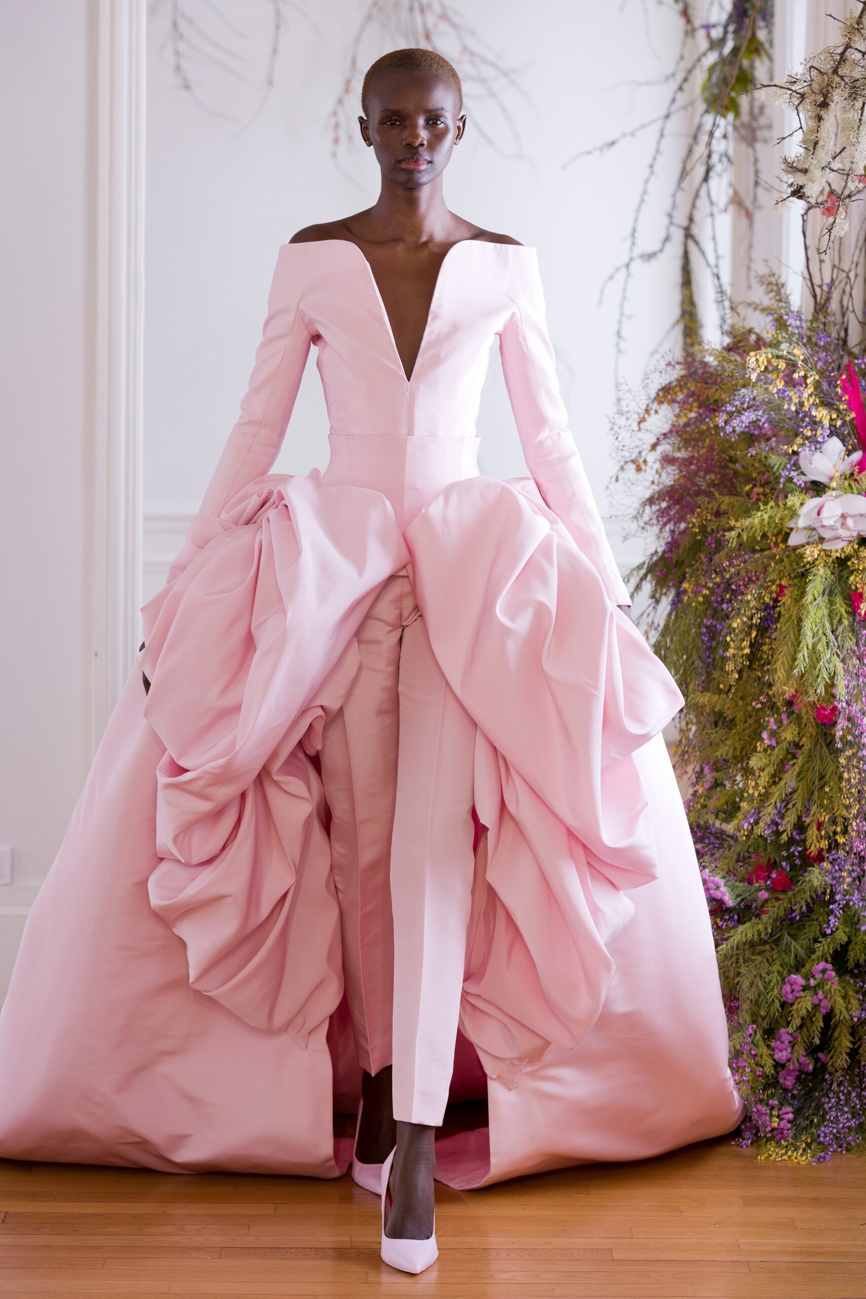pink silk gown with draped details