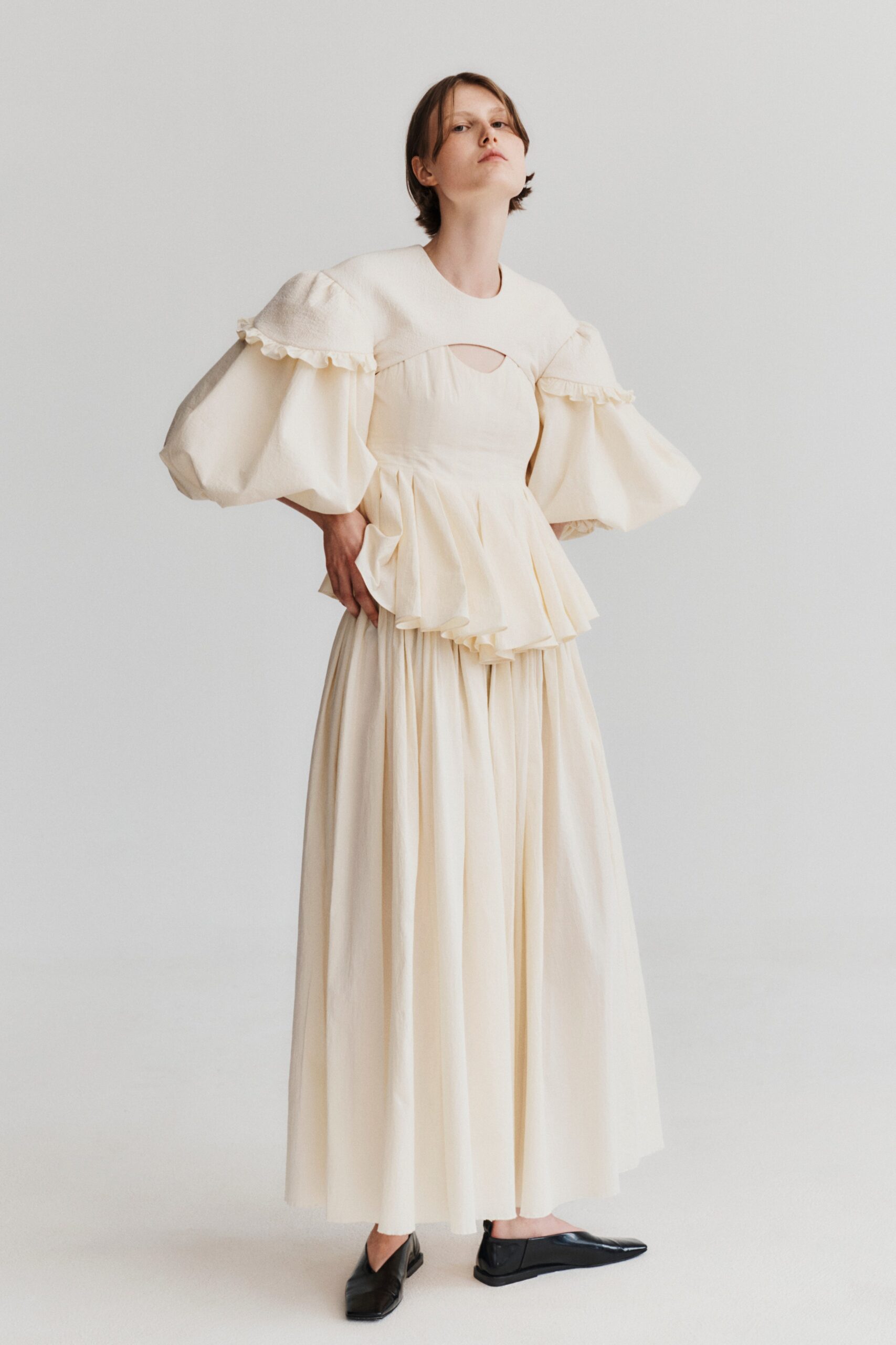 white cotton fitted tiered midi skirt