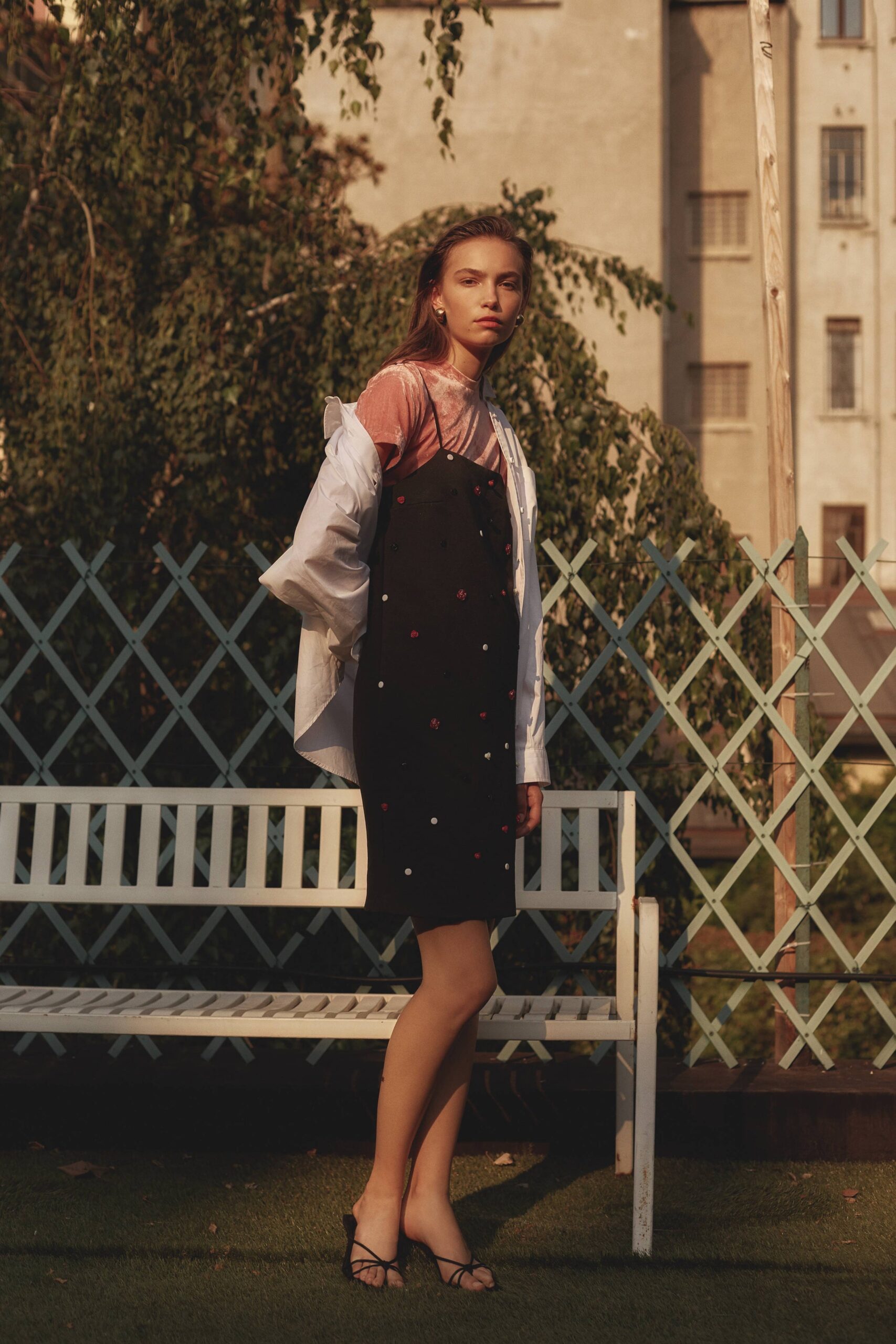 black embroidered mini dress with white shirt