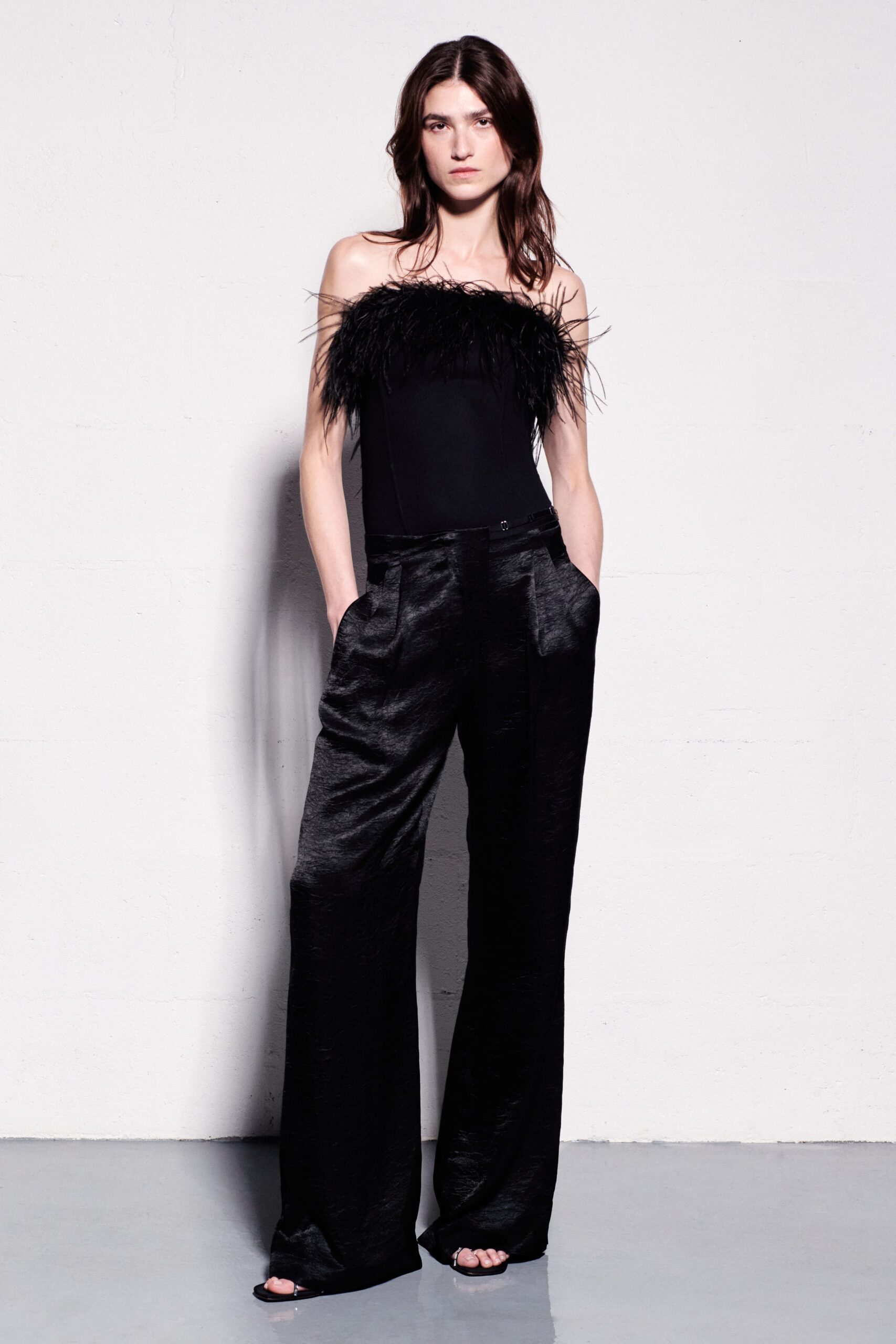black silk bodysuit and pants