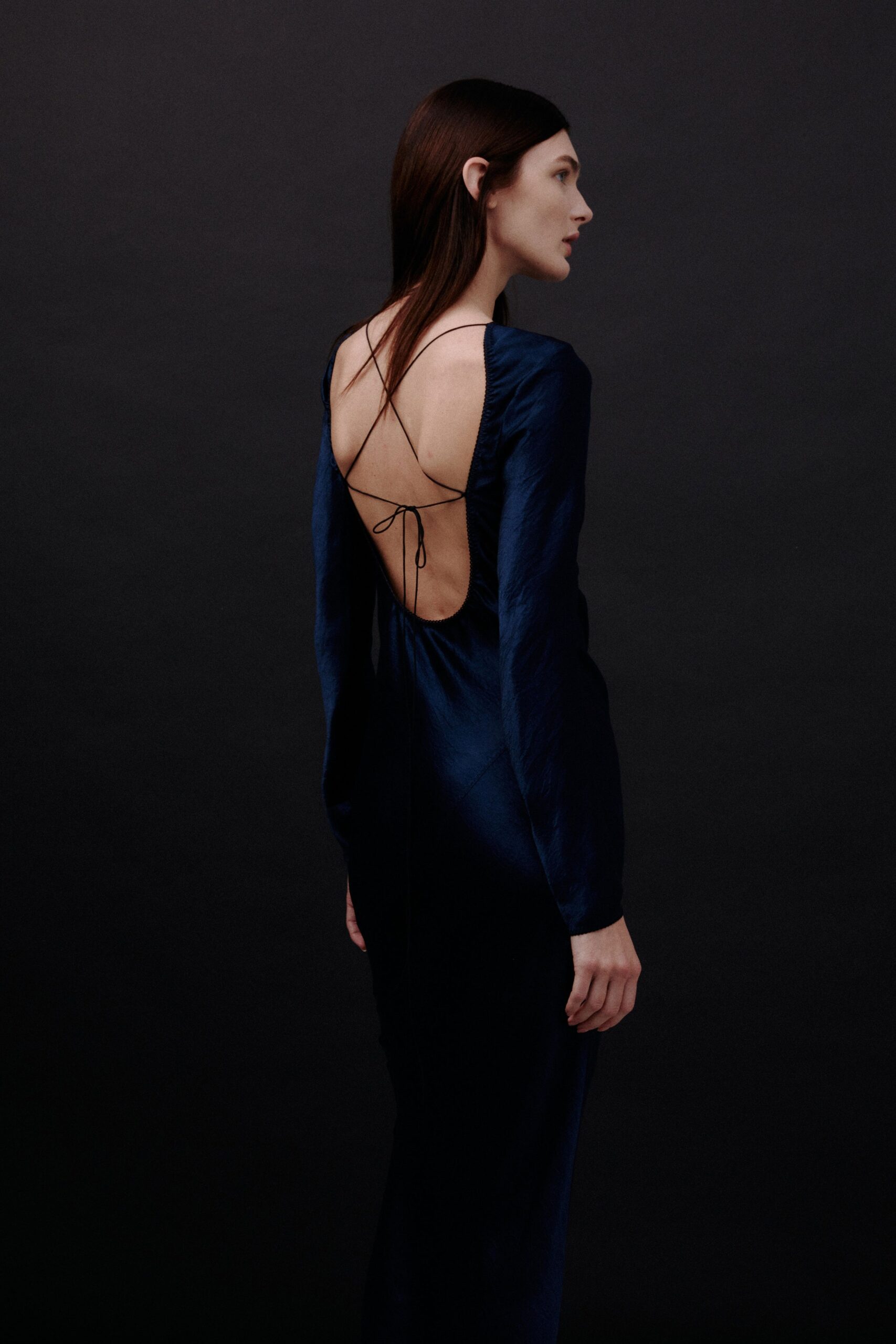 blue silk backless gown