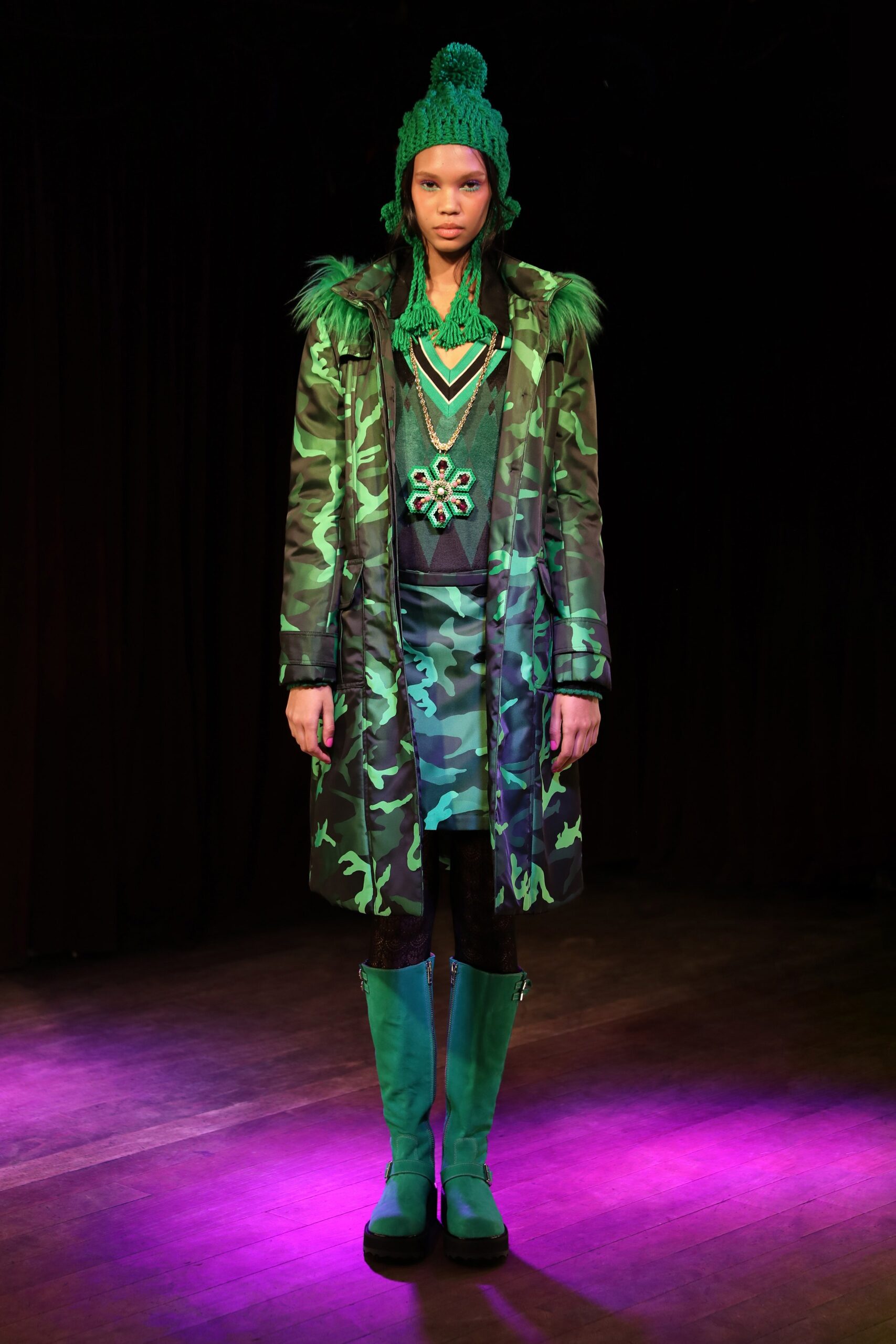 green camouflage coat with pencil skirt