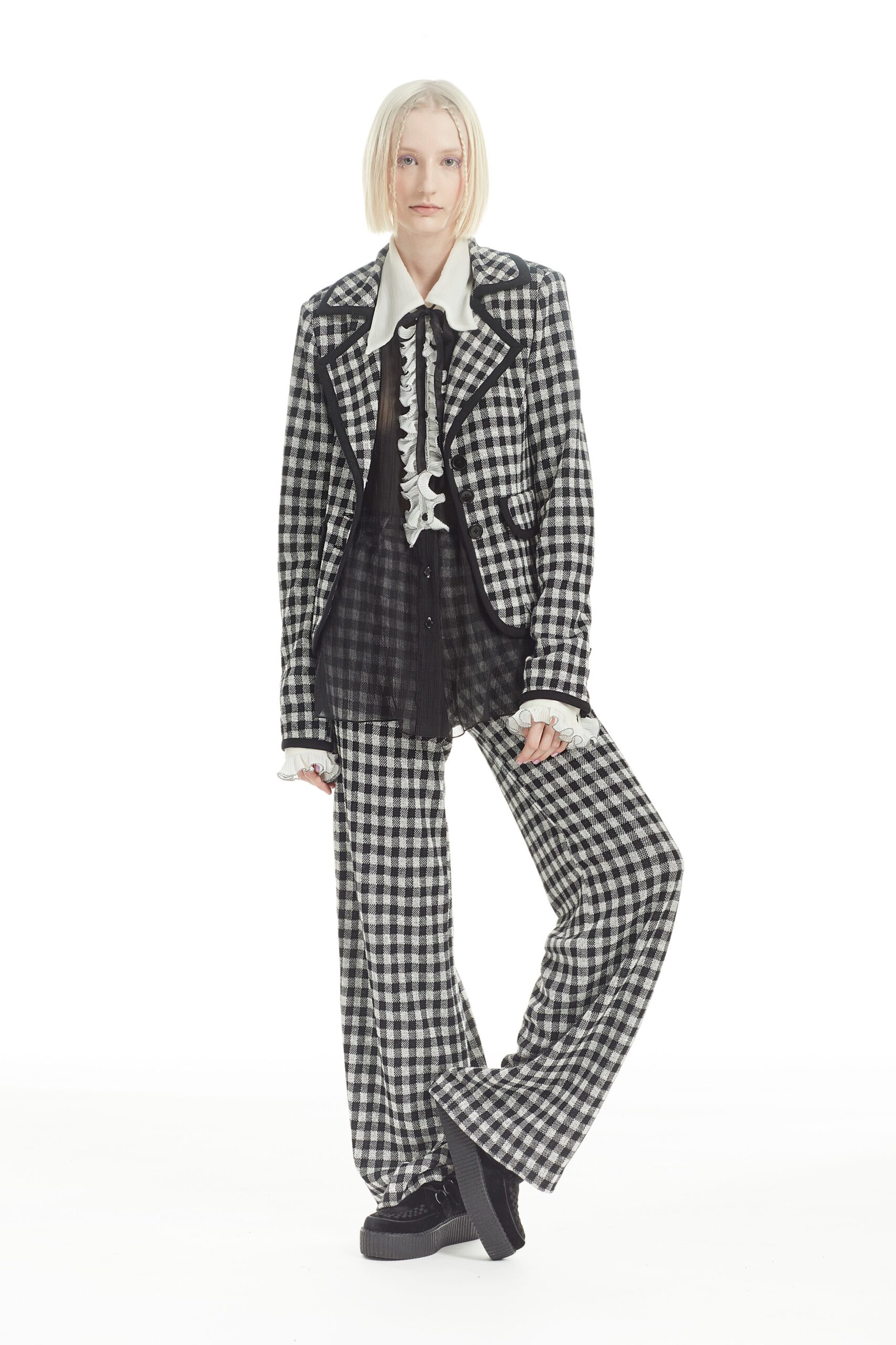 black and white checked suit