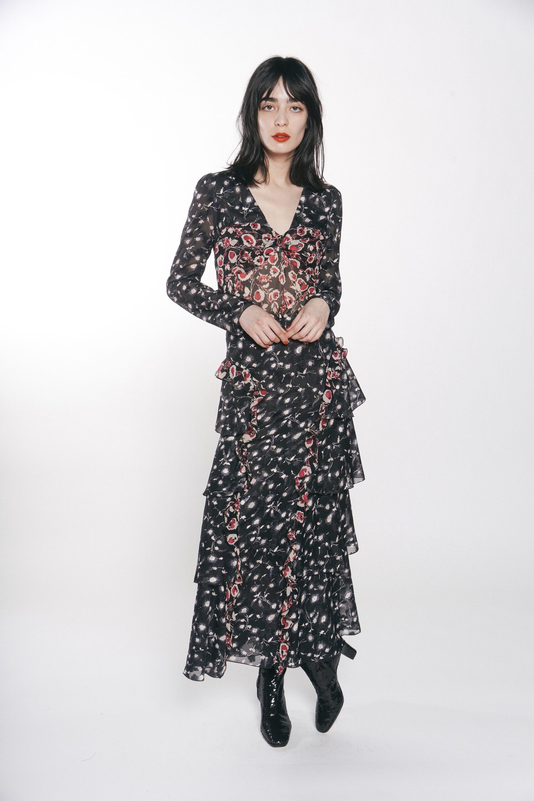 black floral tiered maxi dress