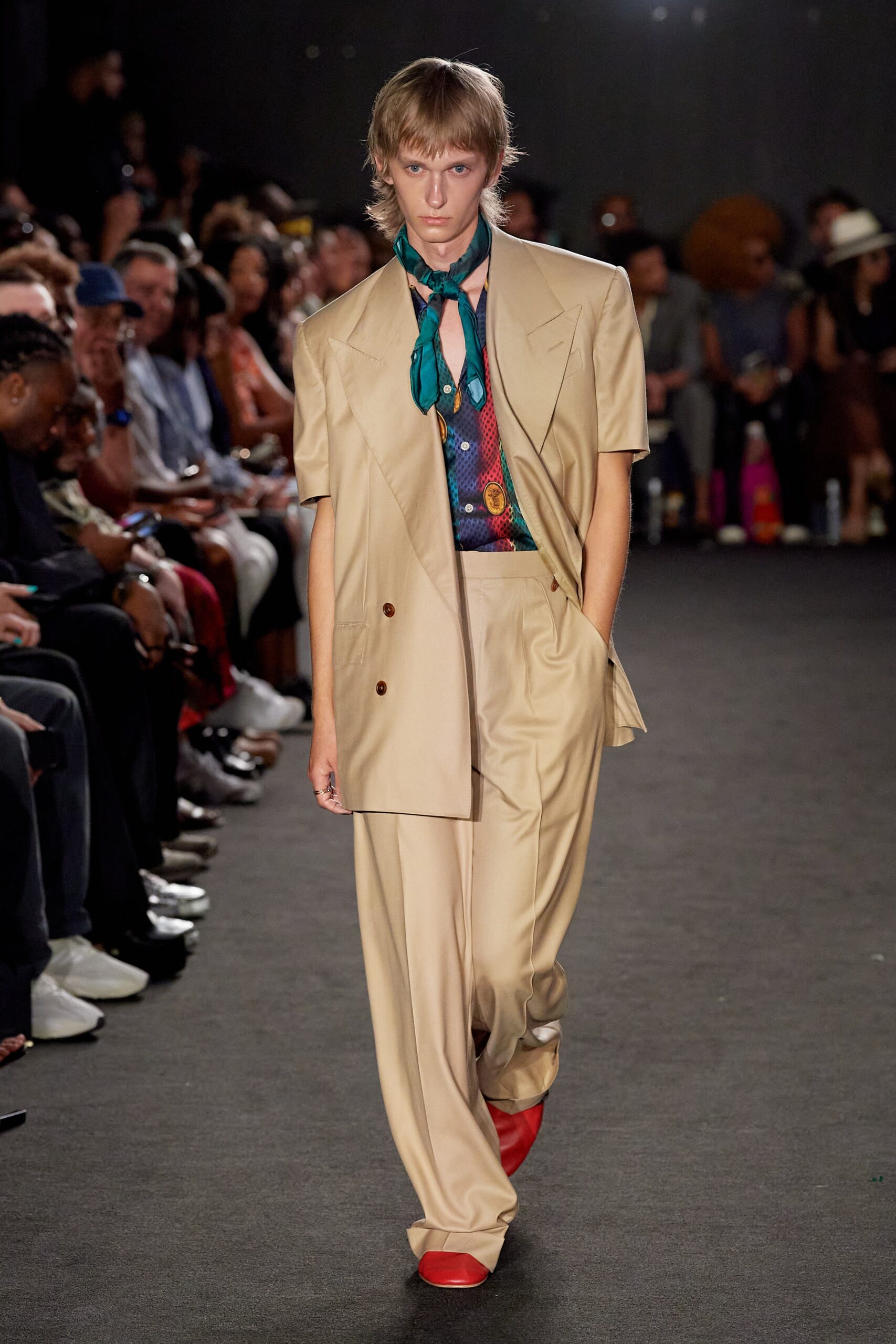 beige tailored suit with printed top