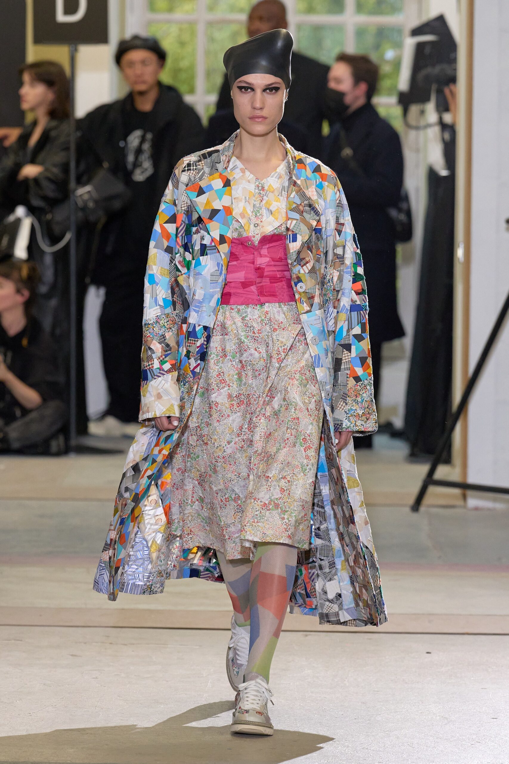 multi cotton long-sleeve relaxed layered patchwork coat
