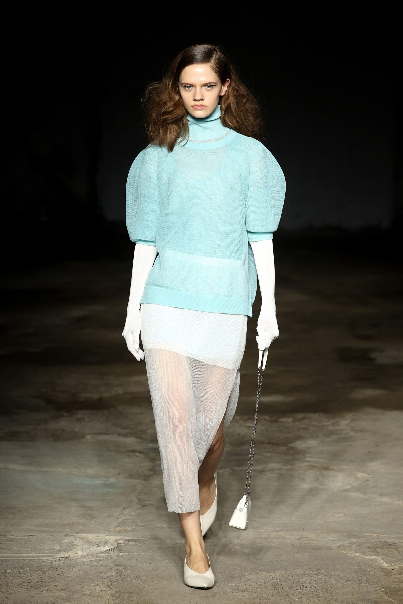 blue silk top with sheer white skirt