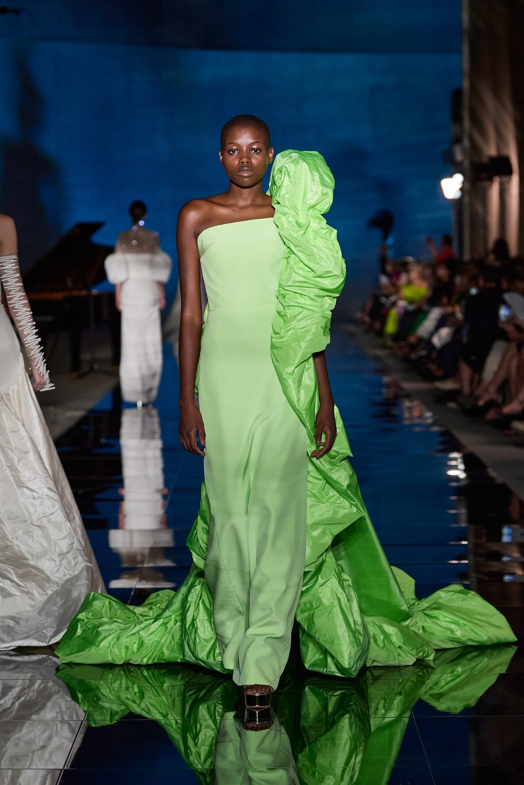 green silk sleeveless gown