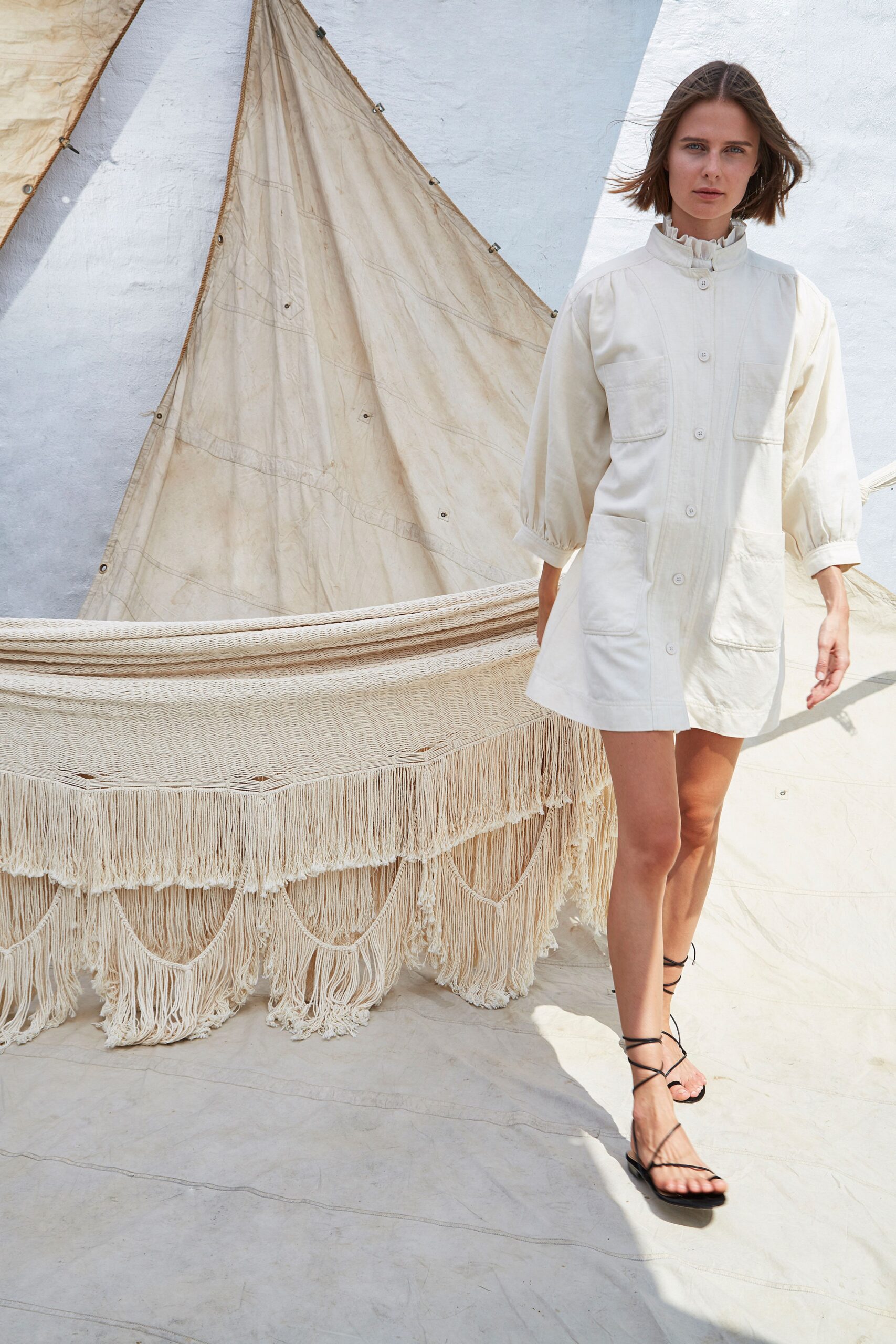 white cotton long-sleeve collared relaxed buttoned pockets dress
