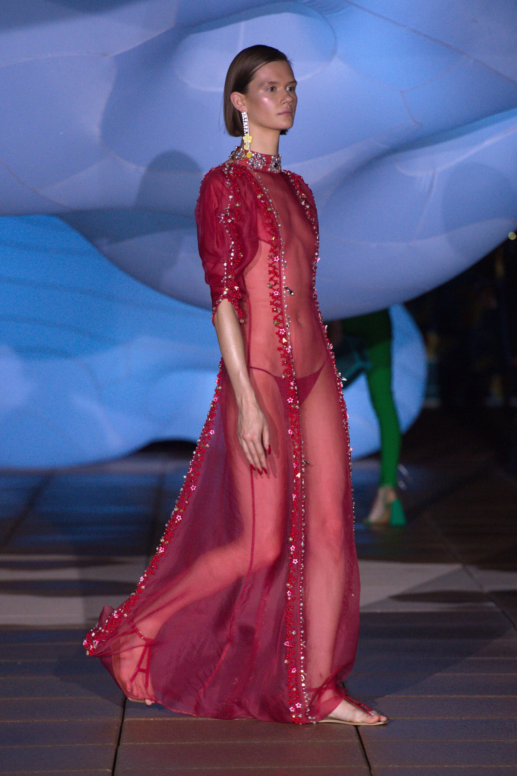 red sheer embellished dress