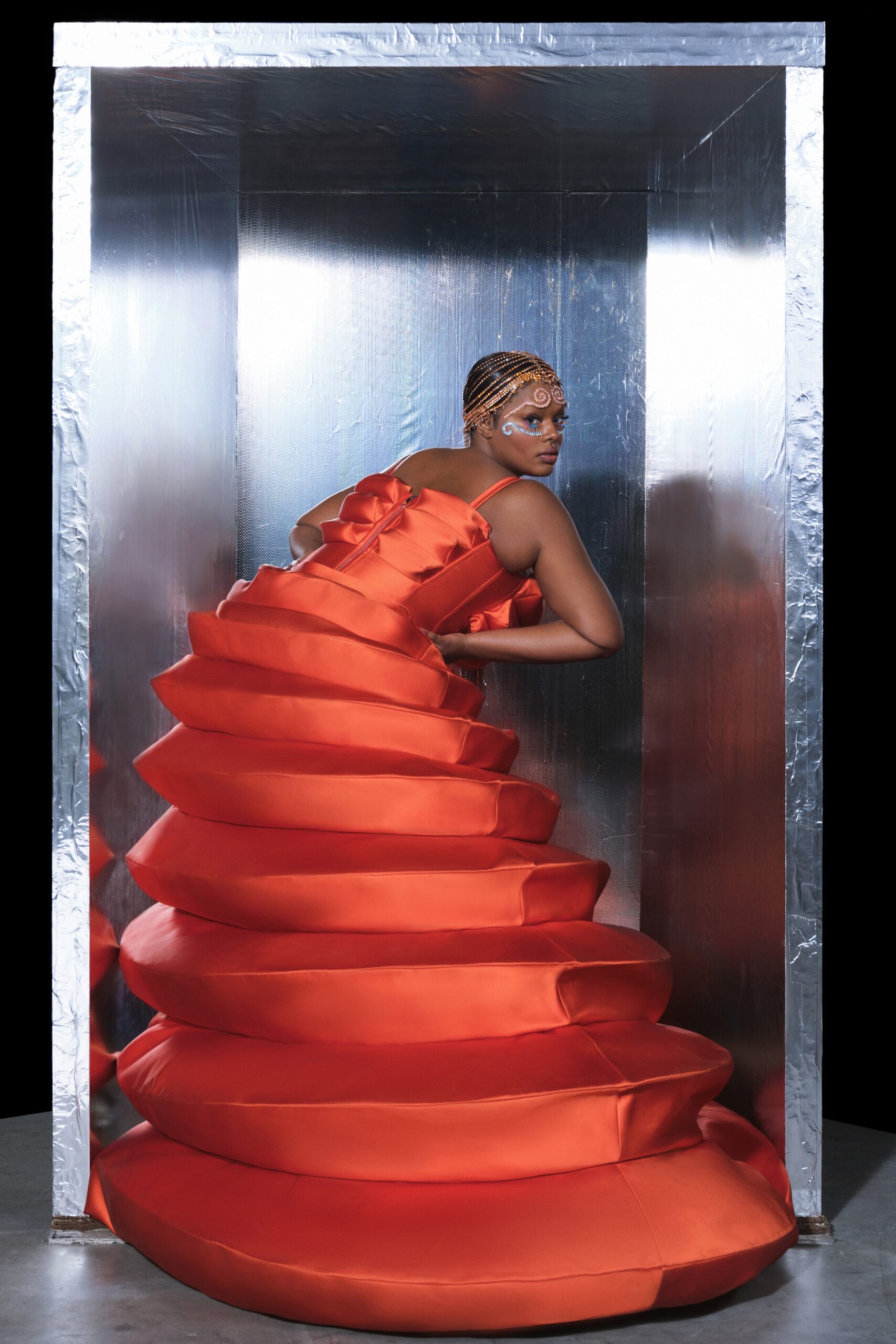 orange satin tiered gown