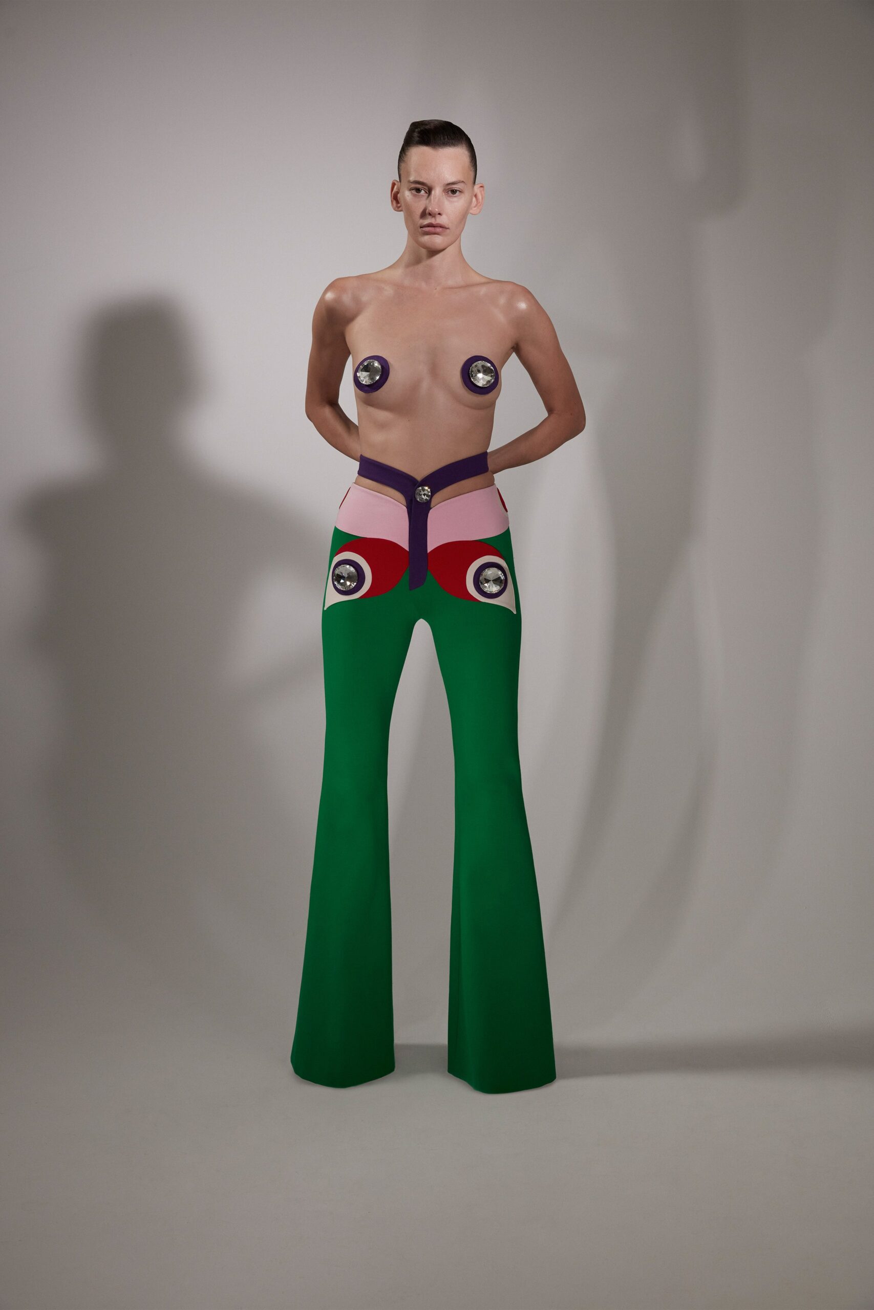 fitted color-blocked vinyl pants and sheer top