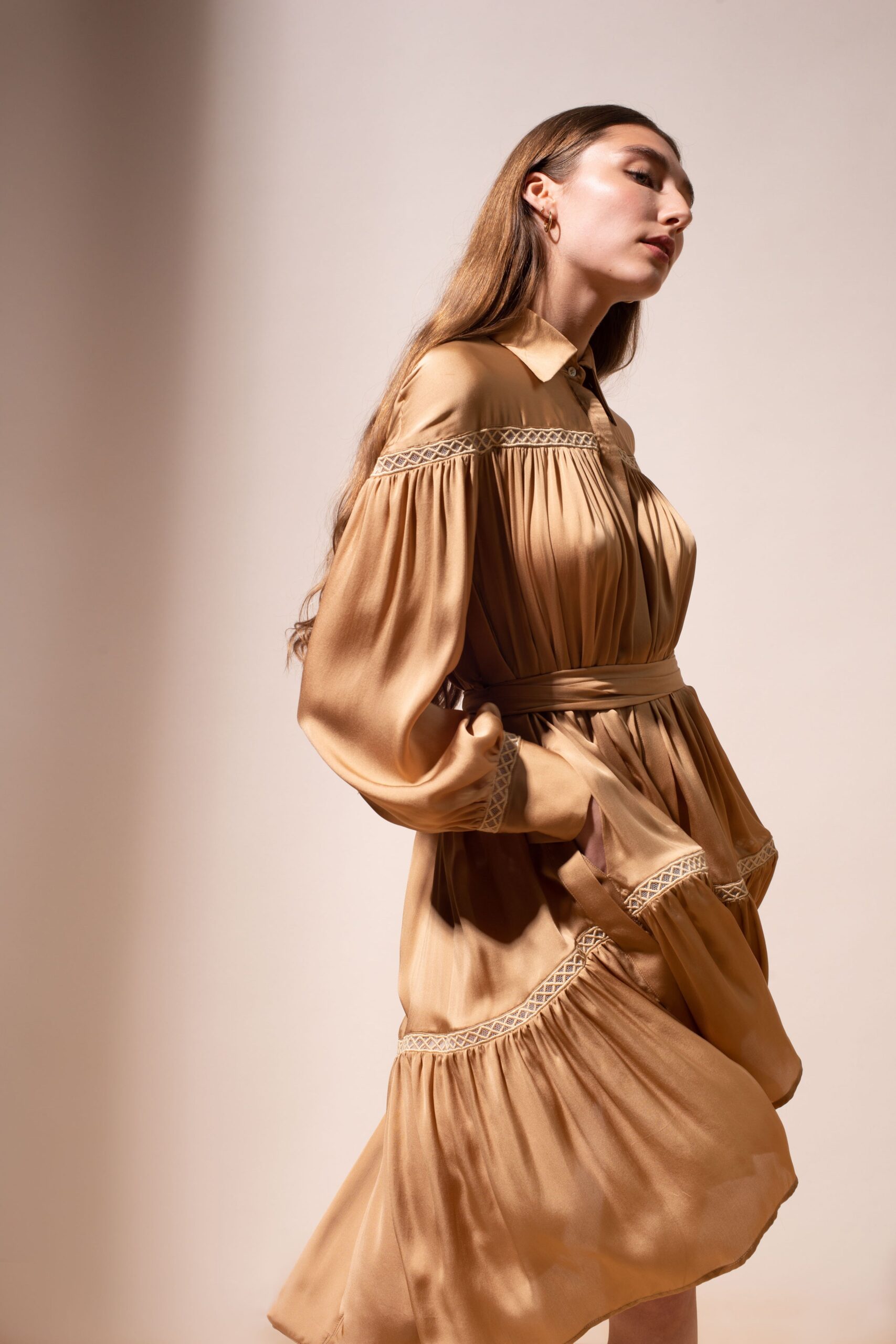 beige silk long-sleeve dress