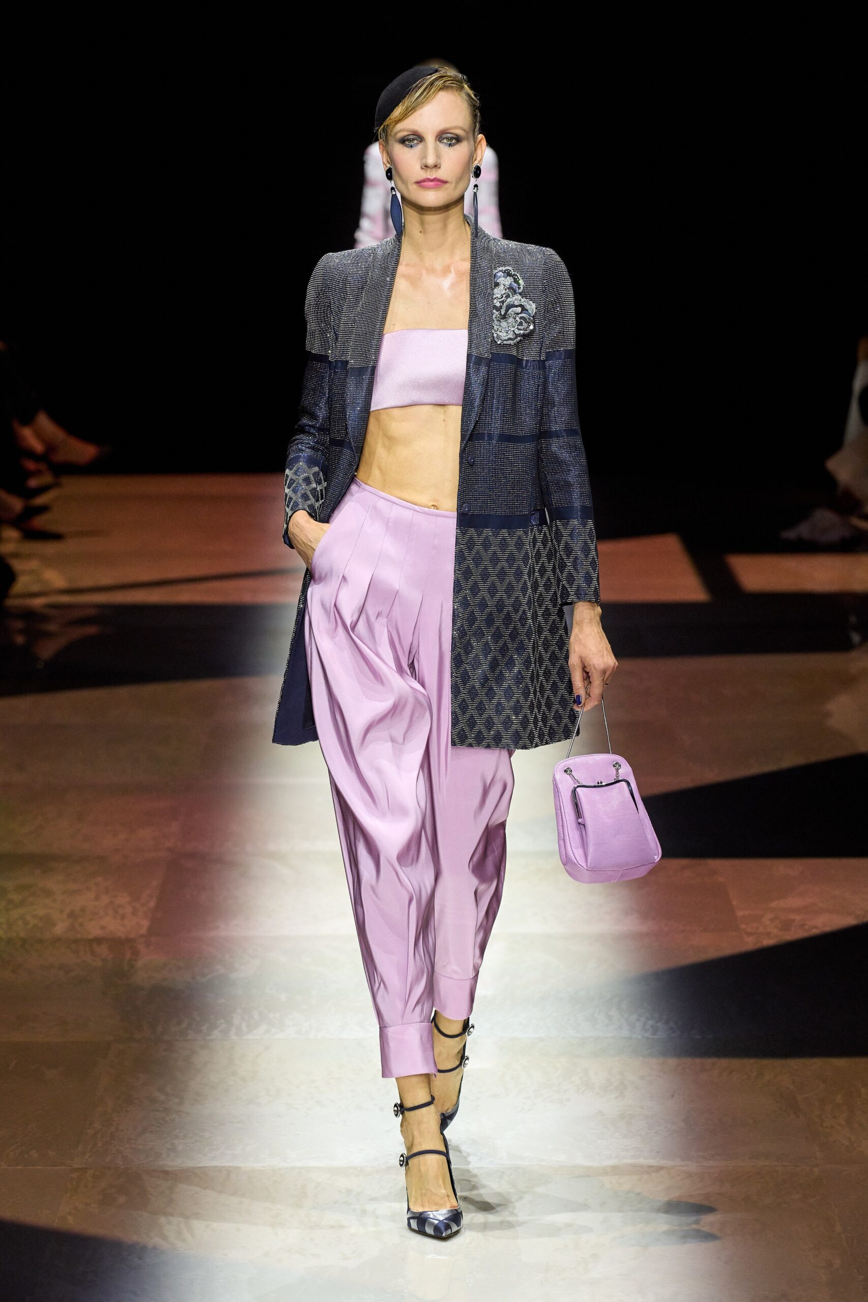 tailored gray blazer with pink top