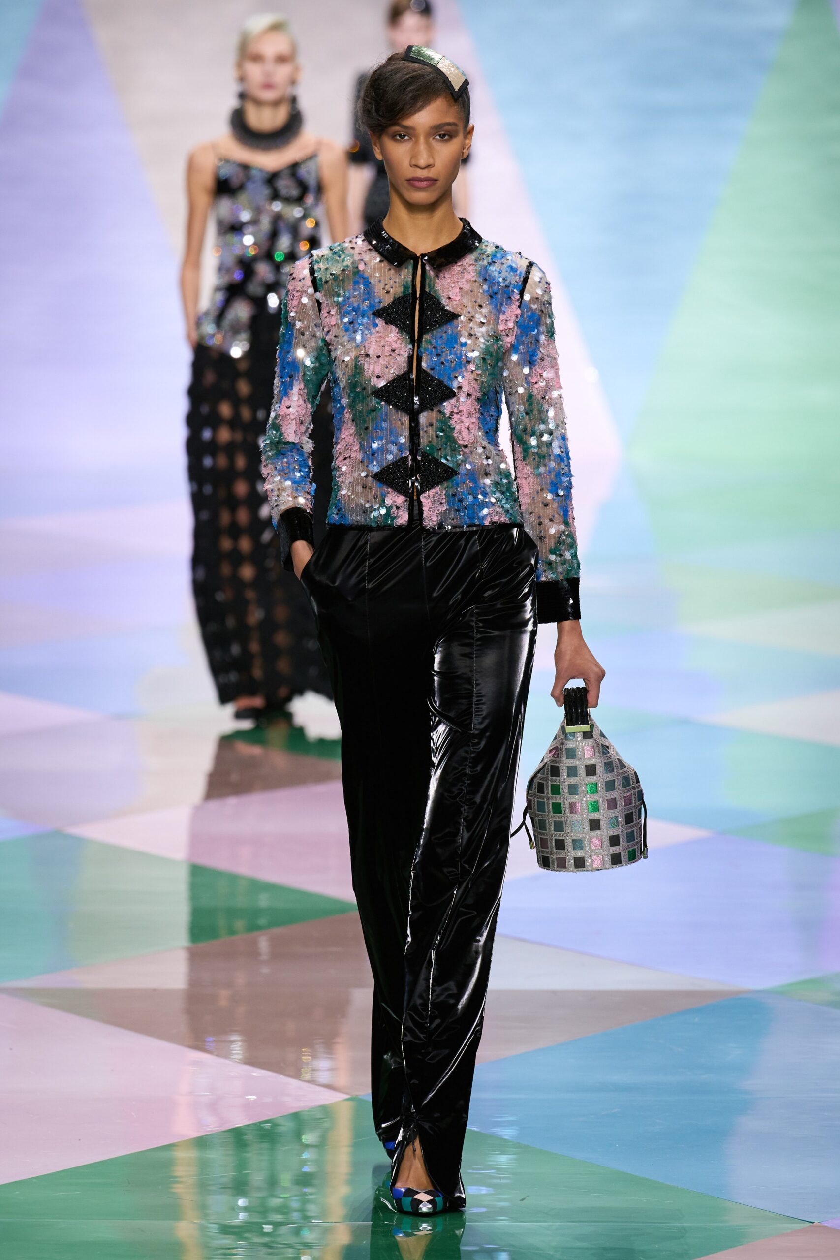 multi-colored sequin jacket with black pants