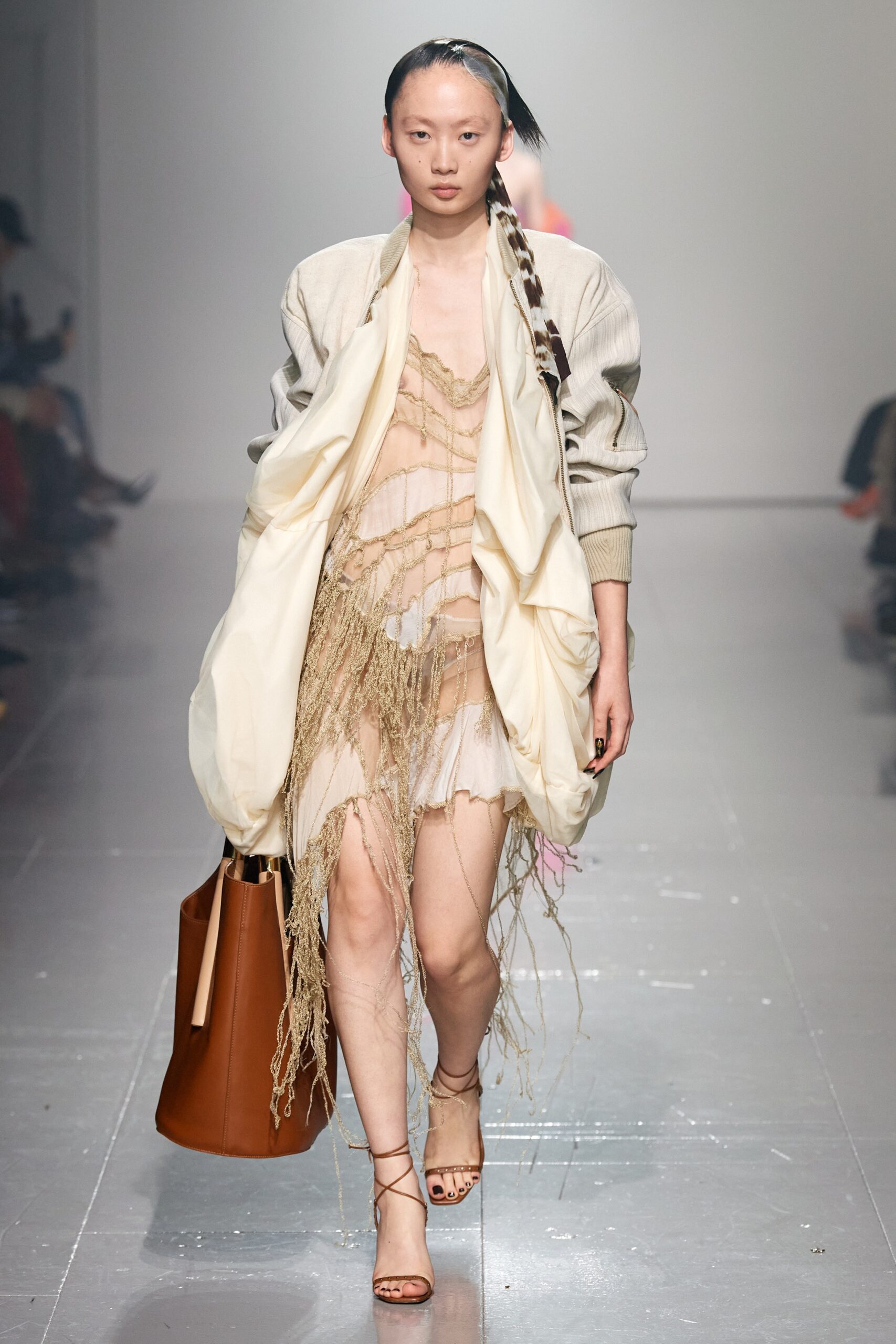 beige fringed mini dress with oversized jacket
