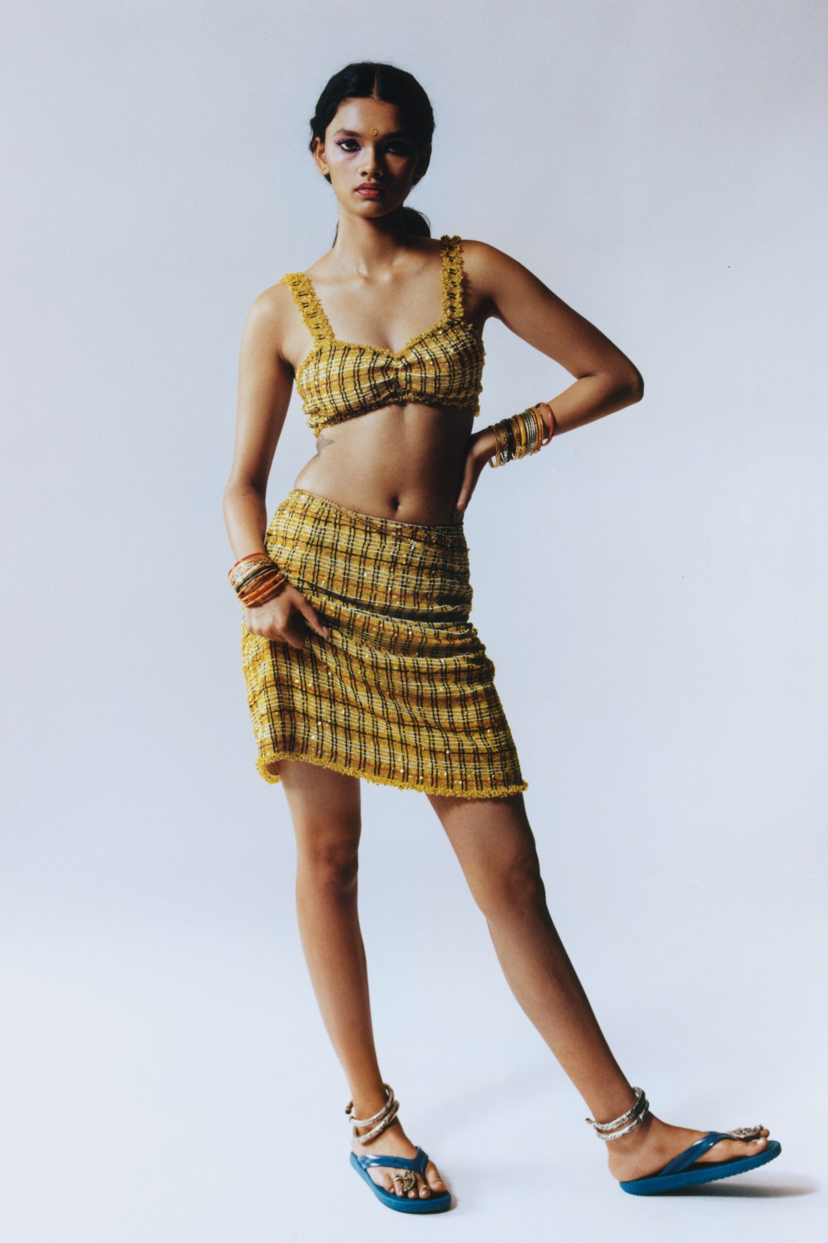 yellow cotton sleeveless fitted striped crop-top