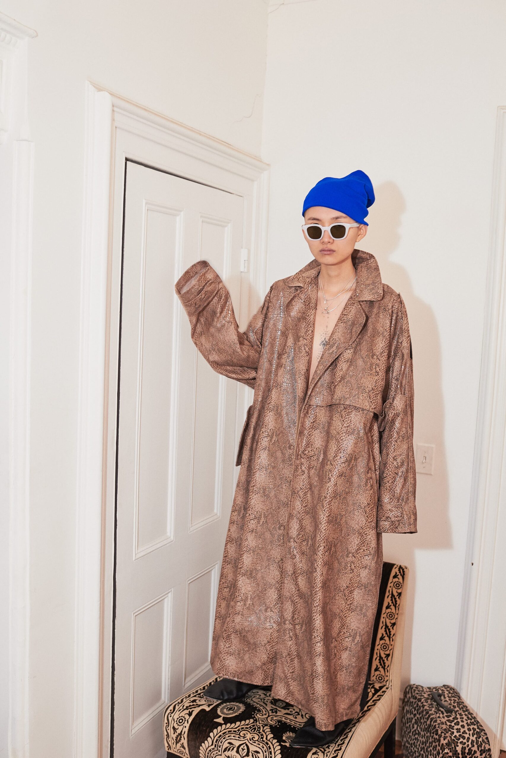 brown leather animal-print coat