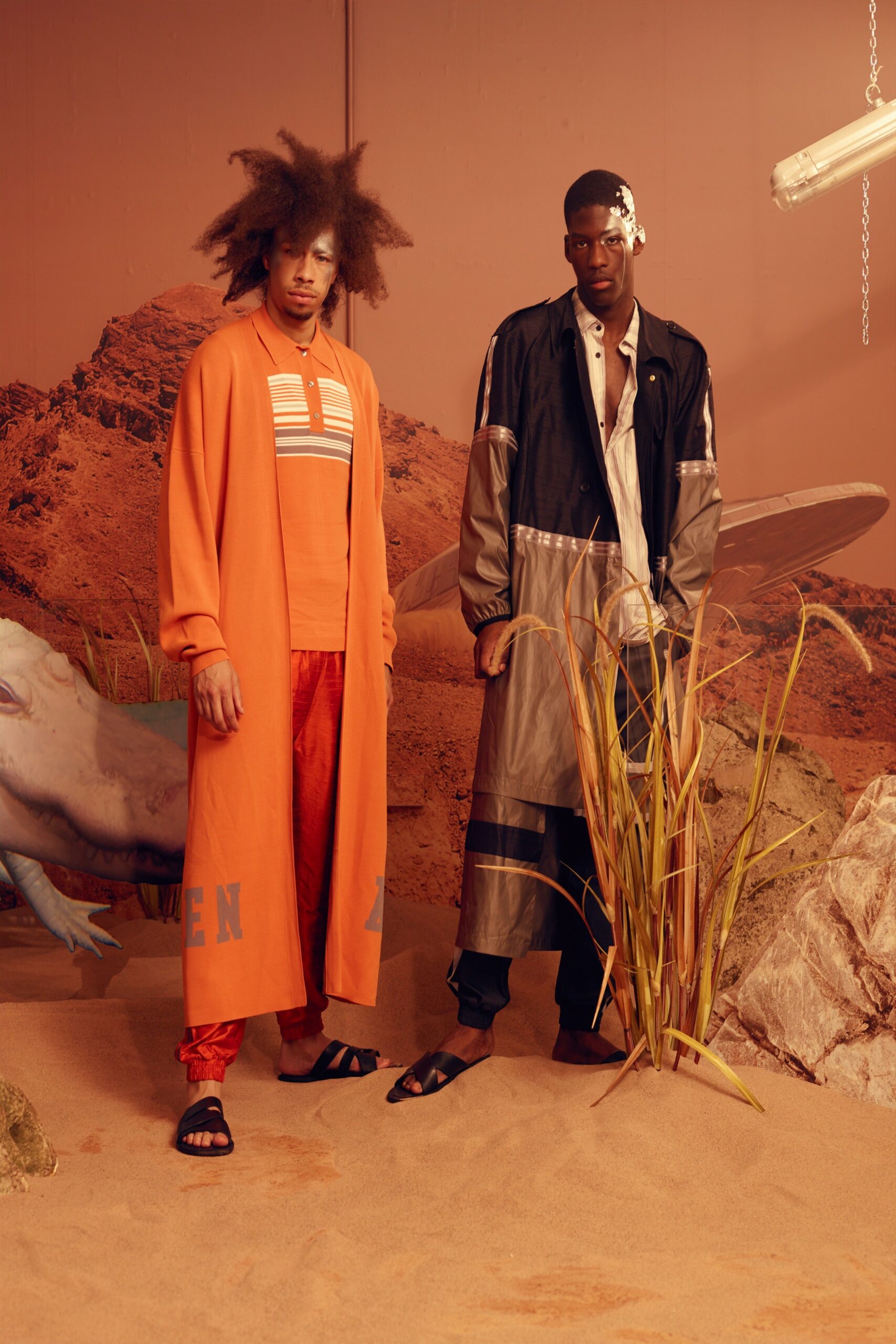 black vinyl coat with orange pants