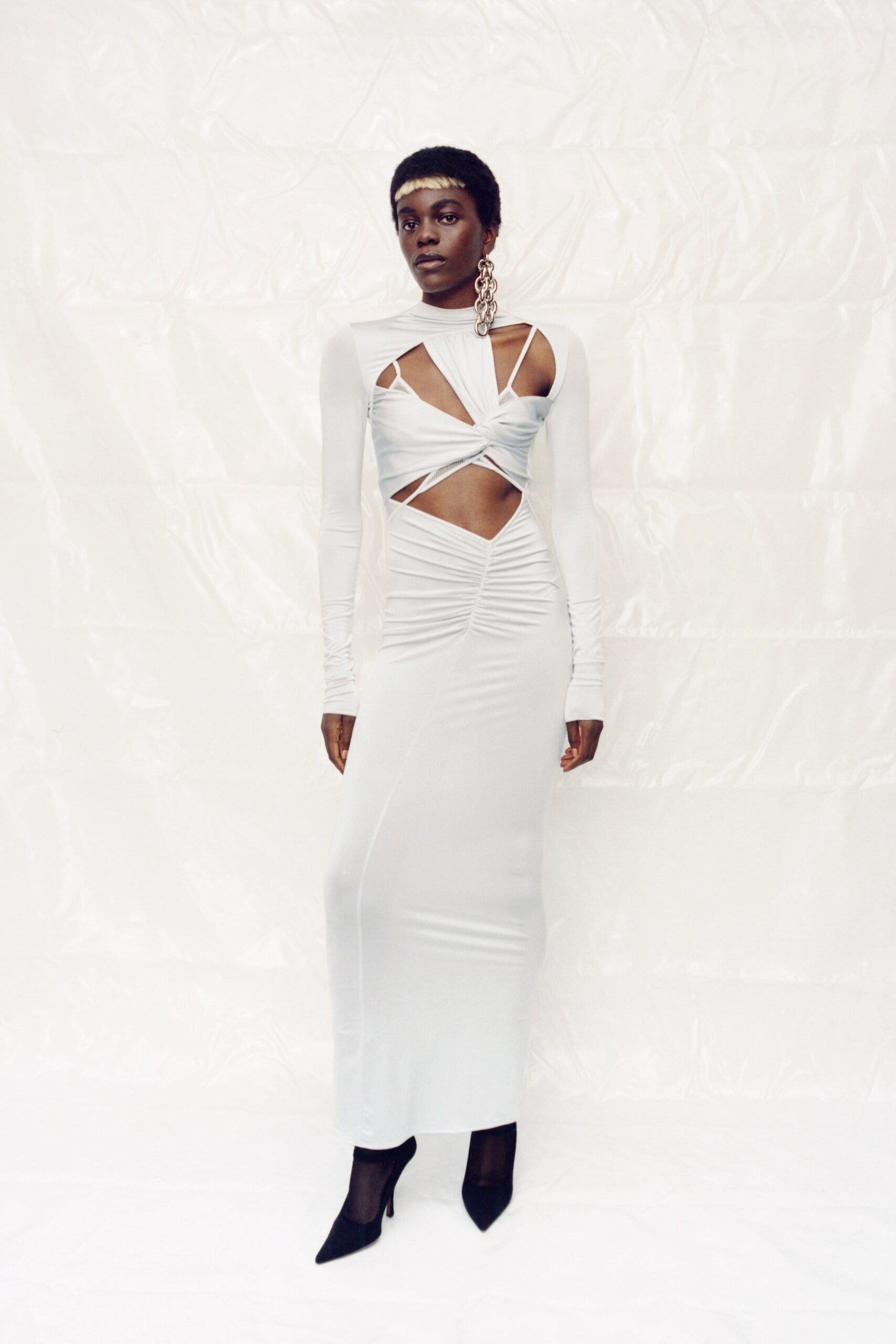fitted white silk maxi dress