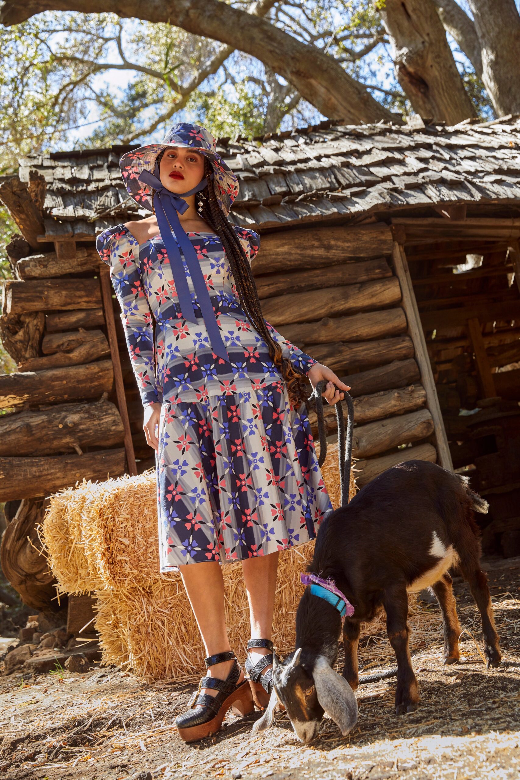 blue cotton long-sleeve off-shoulder fitted flared printed dress