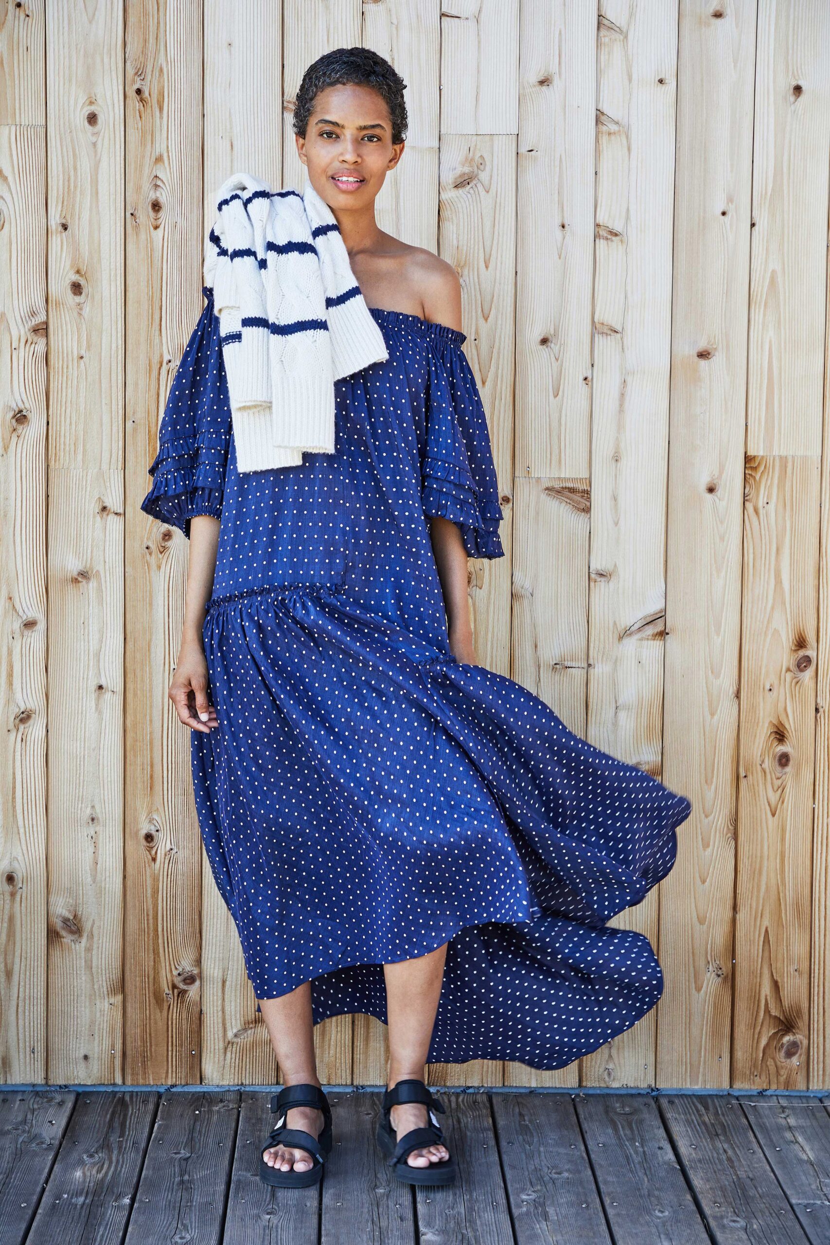 blue printed off-shoulder dress