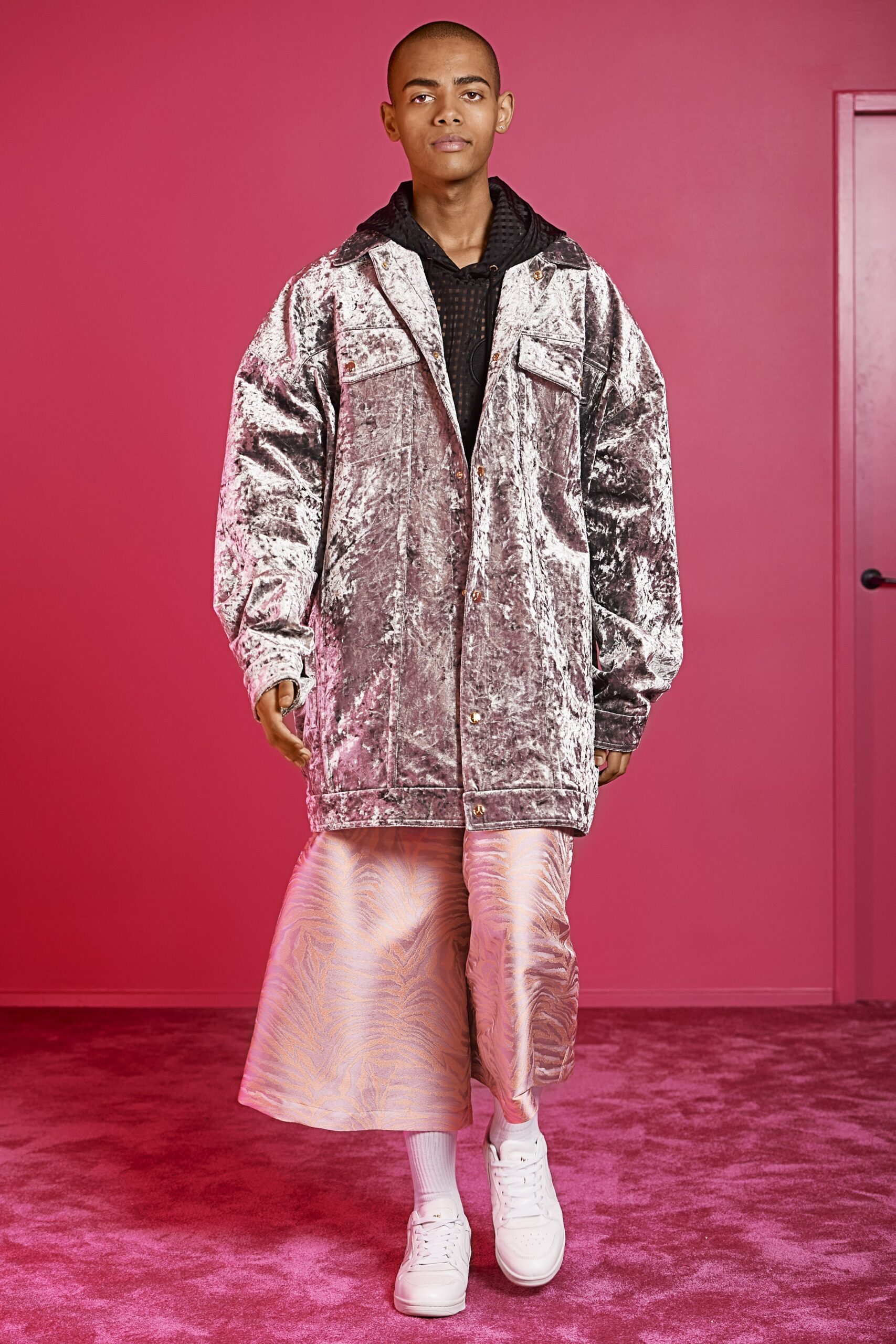 gray velvet oversized jacket and pink midi skirt