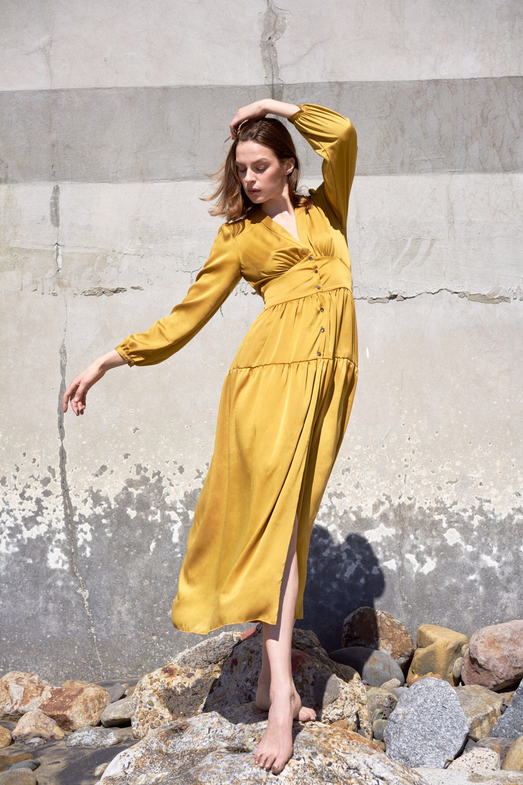 yellow silk long-sleeve dress